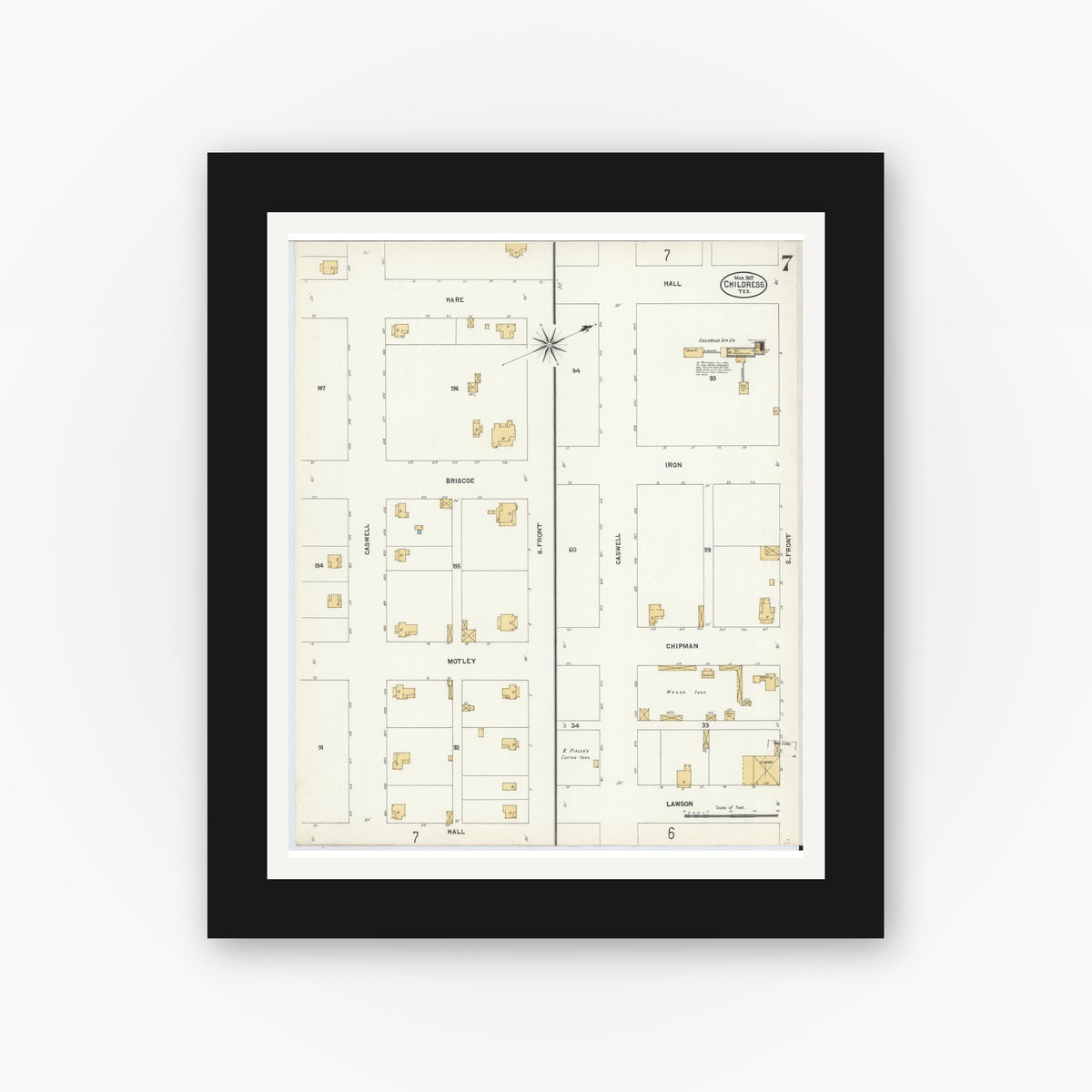 Old map wall art mockup — black gallery frame with white mat — Sanborn Fire Insurance Map from Childress, Childress County, Texas (1907), Sheet #0007