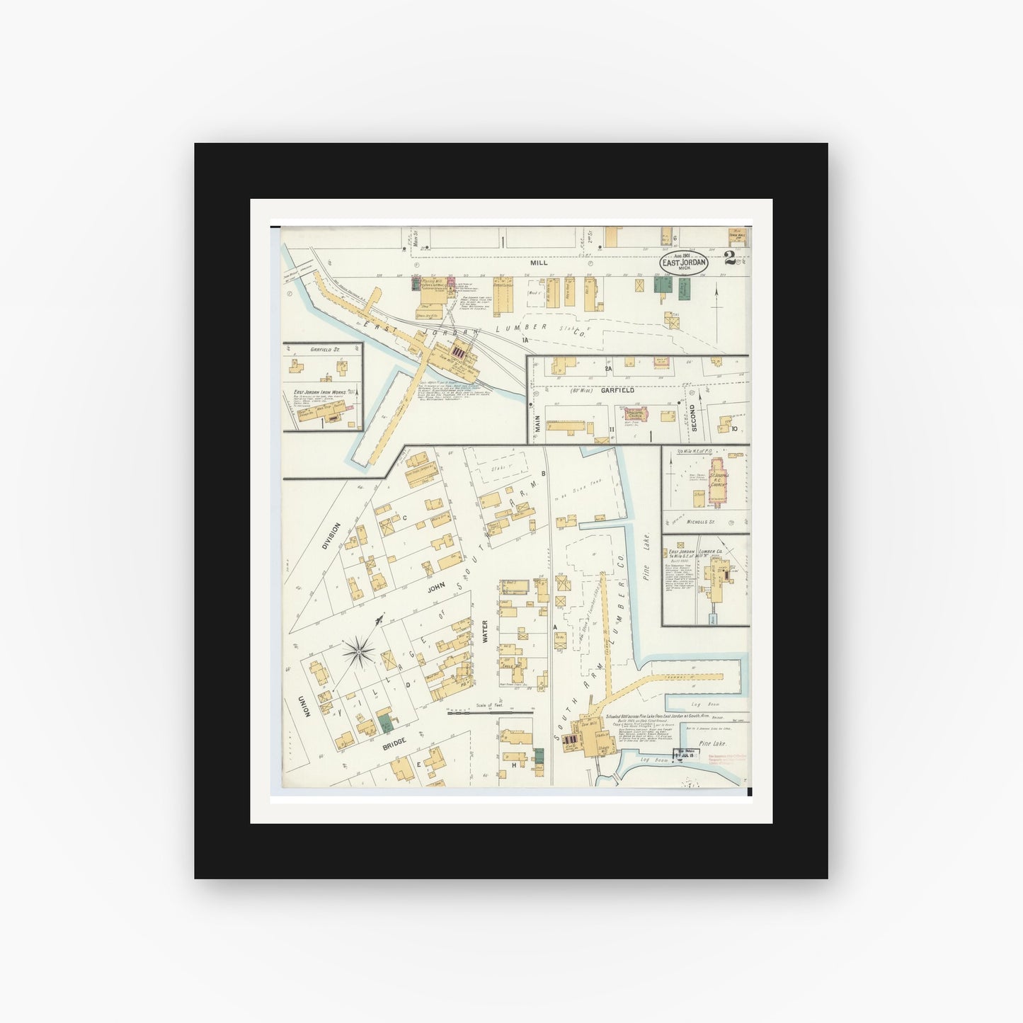 Old map wall art mockup — black gallery frame with white mat — Sanborn Fire Insurance Map from East Jordan, Charlevoix County, Michigan (1901), Sheet #0002