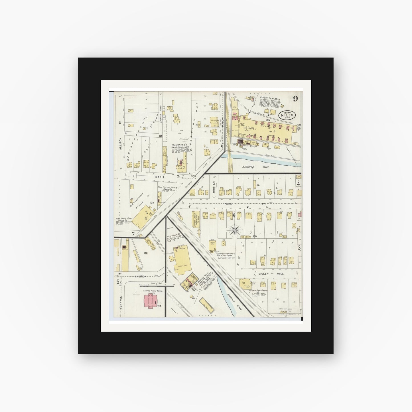 Old map wall art mockup — black gallery frame with white mat — Sanborn Fire Insurance Map from Niles, Trumbull County, Ohio (1898), Sheet #0009