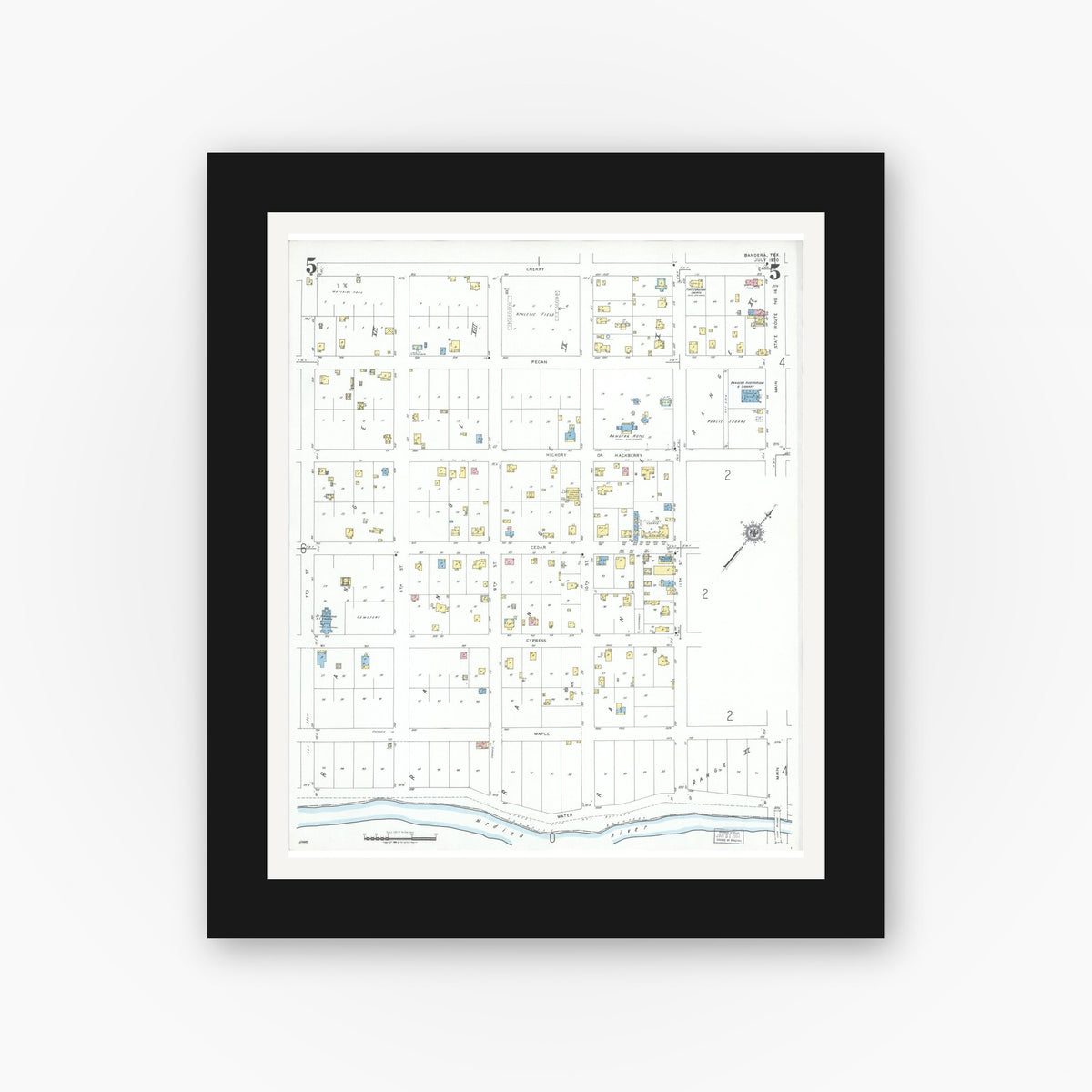Old map wall art mockup — black gallery frame with white mat — Sanborn Fire Insurance Map from Bandera, Bandera County, Texas (1950), Sheet #0005