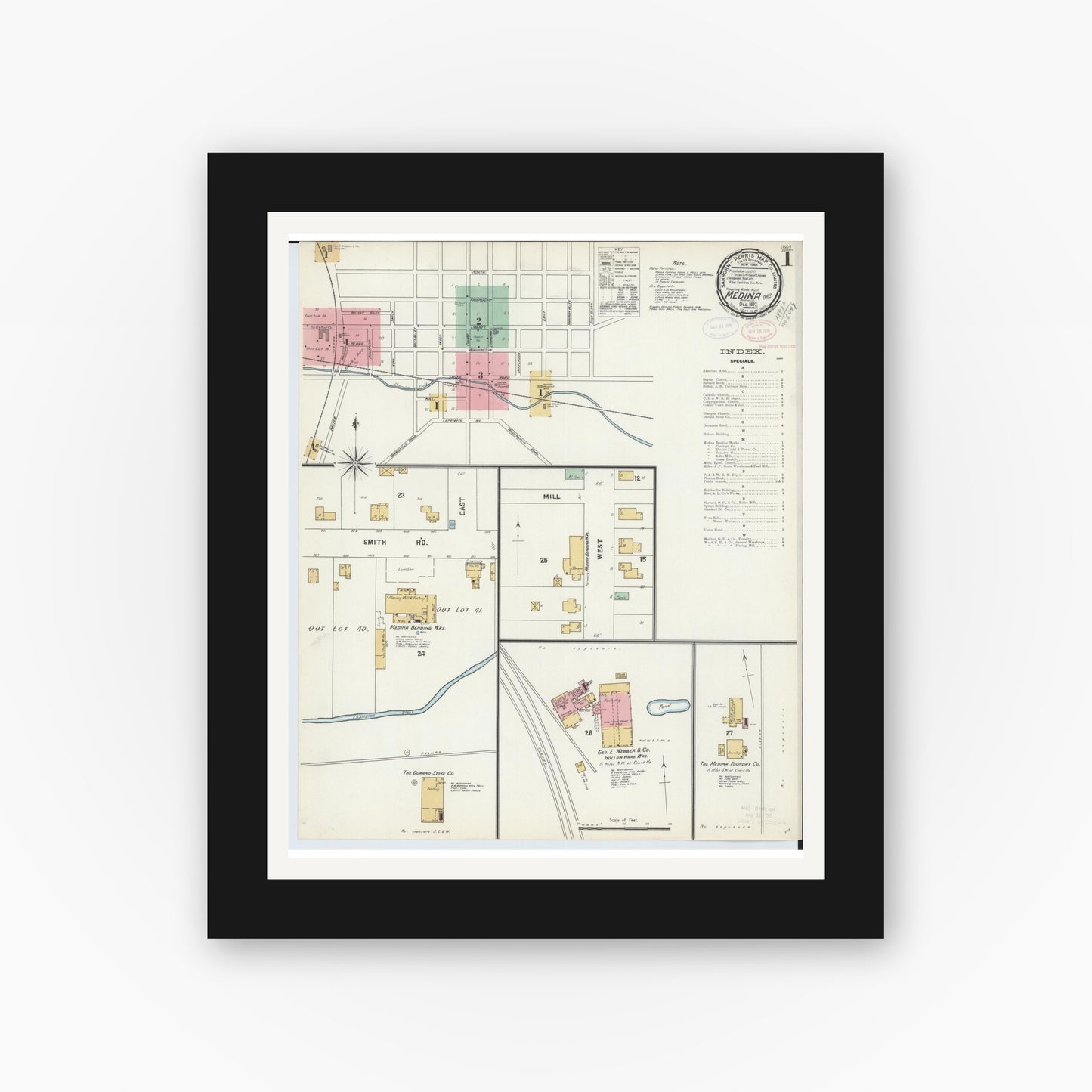 Old map wall art mockup — black gallery frame with white mat — Sanborn Fire Insurance Map from Medina, Medina County, Ohio (1897), Sheet #0001