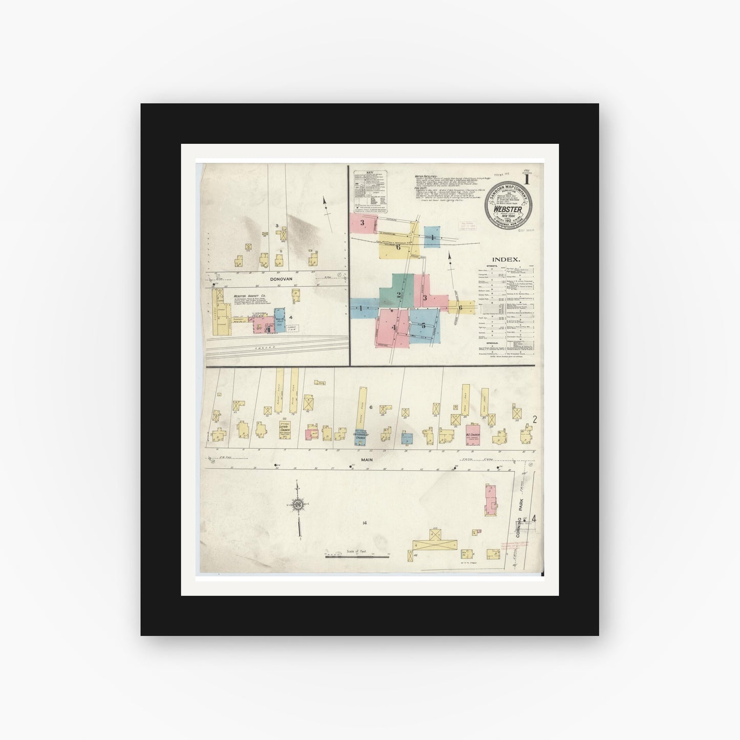Old map wall art mockup — black gallery frame with white mat — Sanborn Fire Insurance Map from Webster, Monroe County, New York (1912) - Complete Map Set
