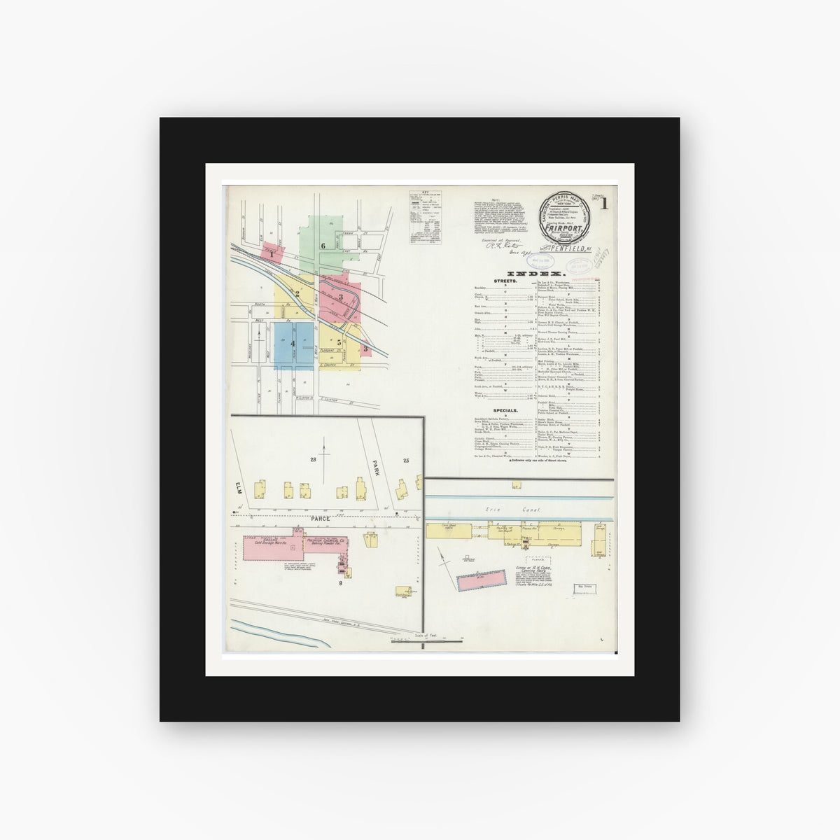 Old map wall art mockup — black gallery frame with white mat — Sanborn Fire Insurance Map from Fairport, Monroe County, New York (1898) - Complete Map Set