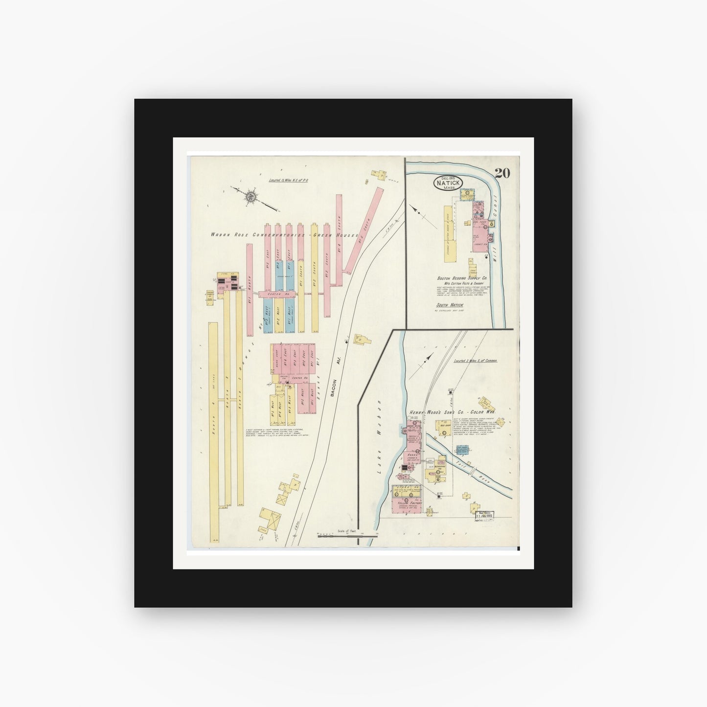 Old map wall art mockup — black gallery frame with white mat — Sanborn Fire Insurance Map from Natick, Middlesex County, Massachusetts (1915), Sheet #0020