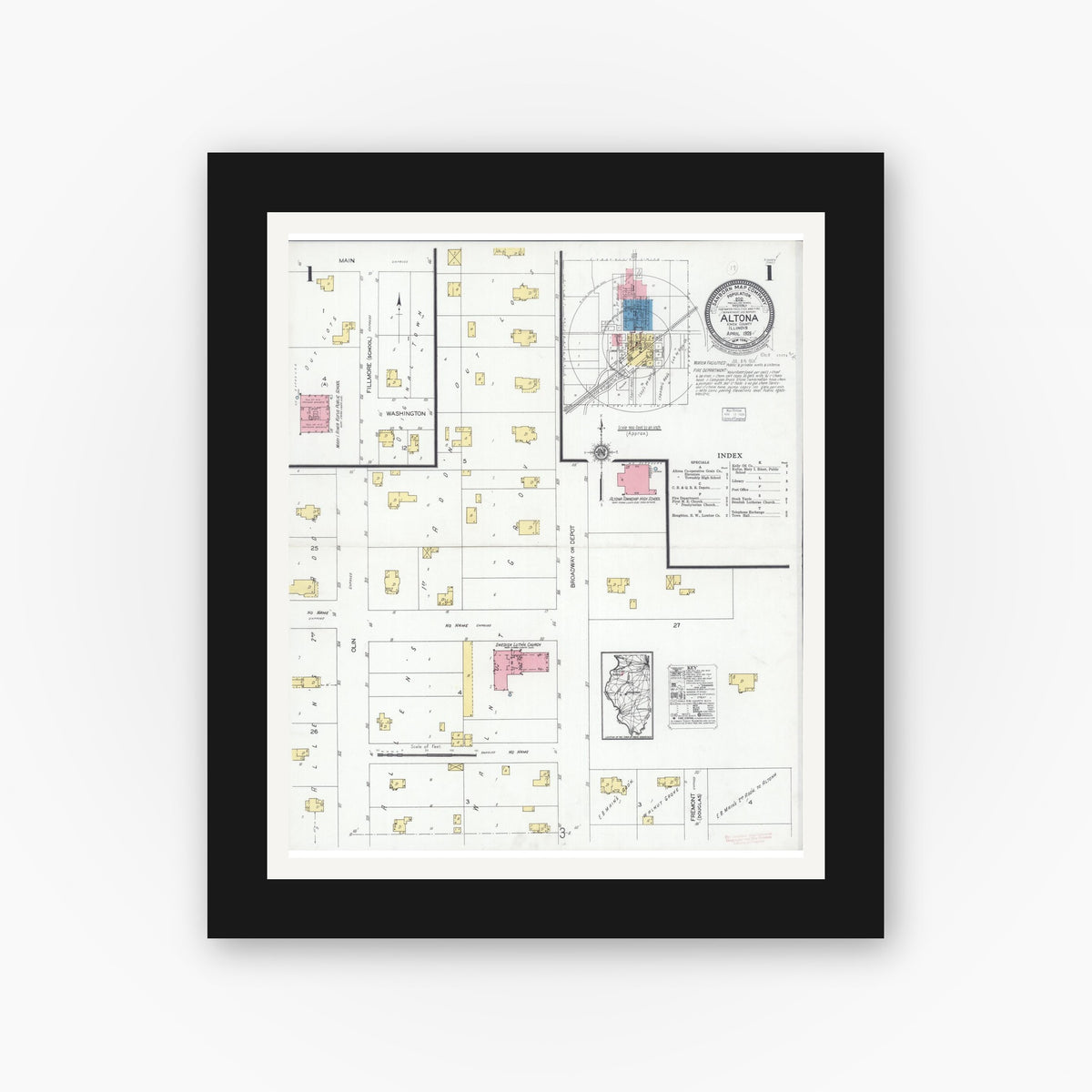Old map wall art mockup — black gallery frame with white mat — Sanborn Fire Insurance Map from Altona, Knox County, Illinois (1928), Sheet #0001