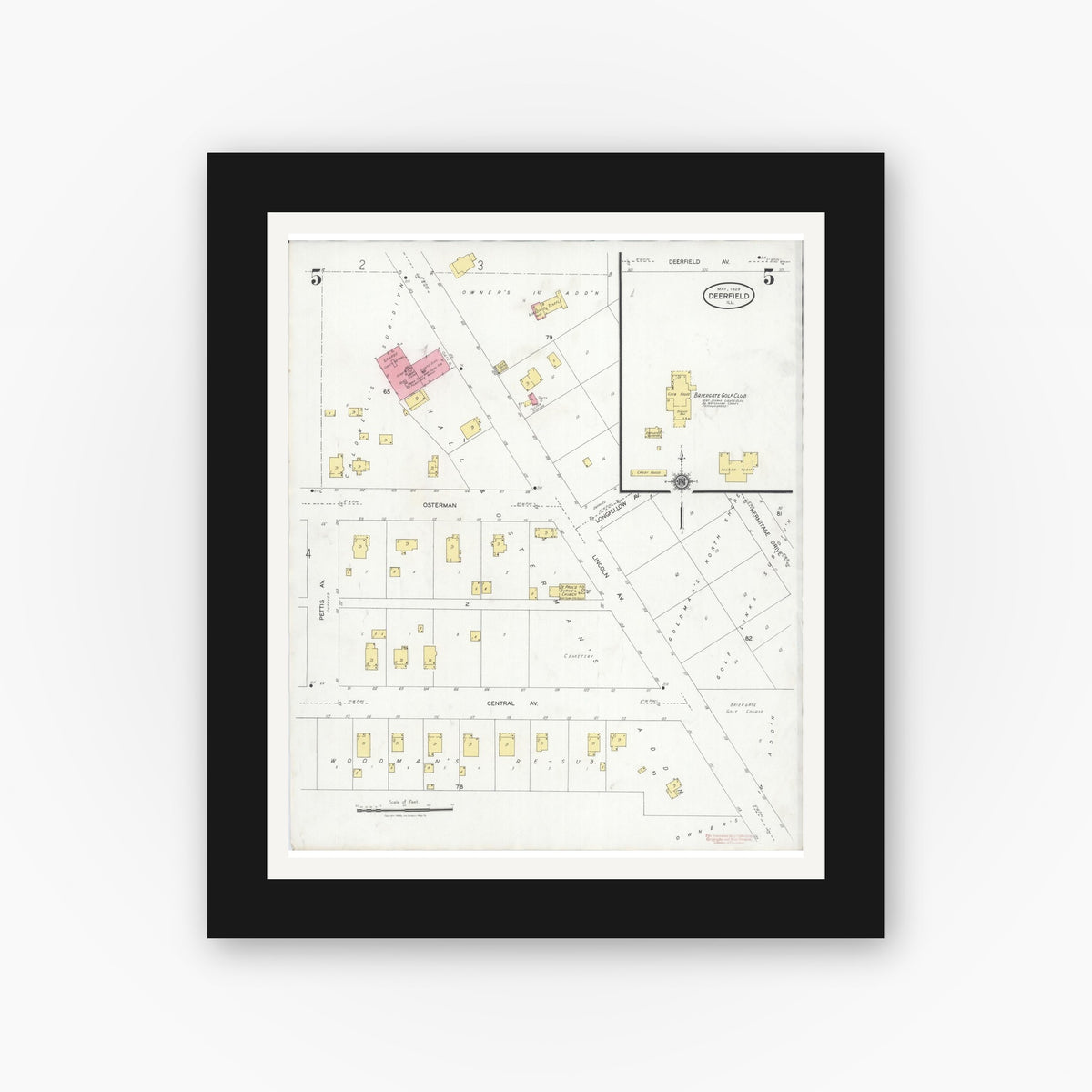 Old map wall art mockup — black gallery frame with white mat — Sanborn Fire Insurance Map from Deerfield, Lake County, Illinois (1929), Sheet #0005