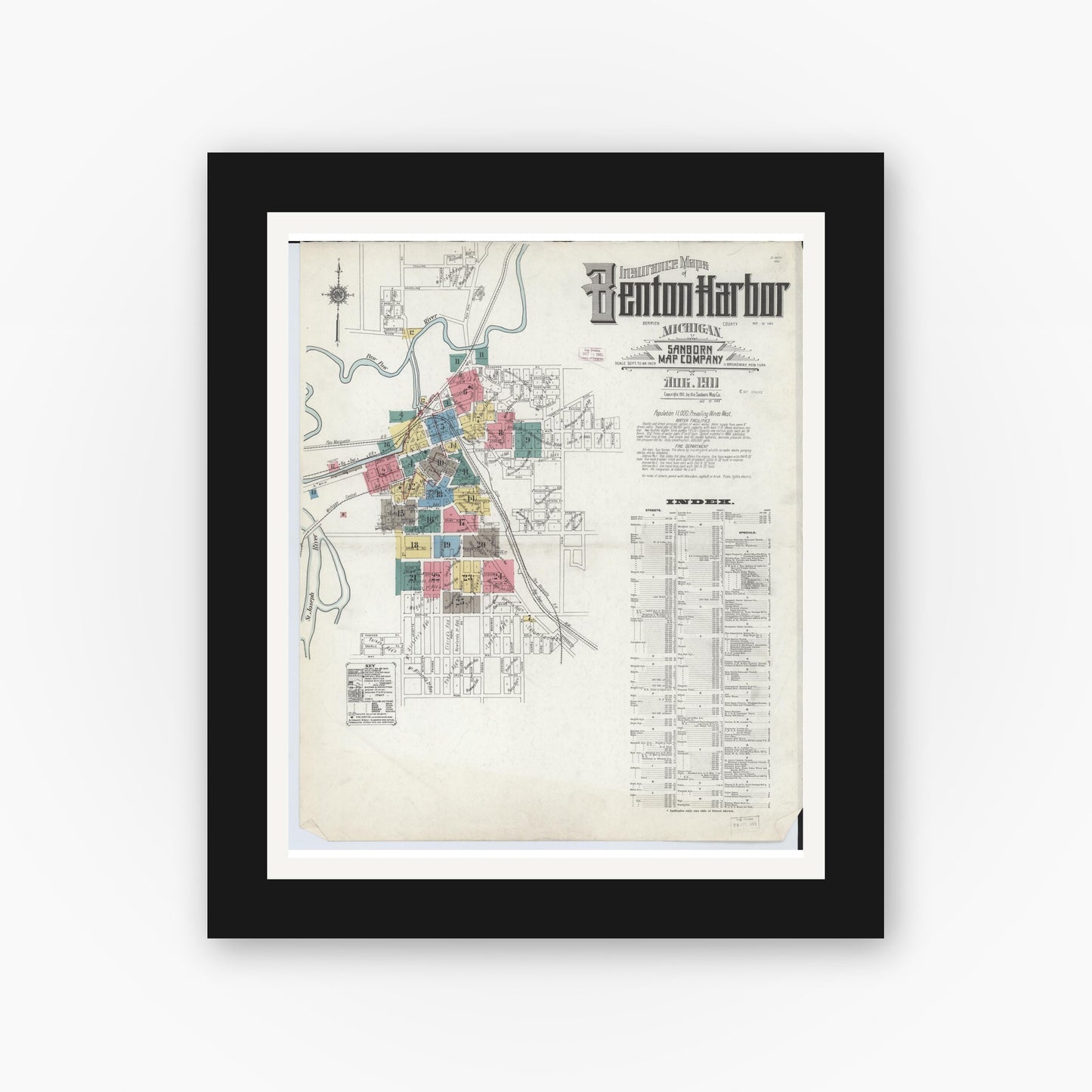 Old map wall art mockup — black gallery frame with white mat — Sanborn Fire Insurance Map from Benton Harbor, Berrien County, Michigan (1911) - Complete Map Set