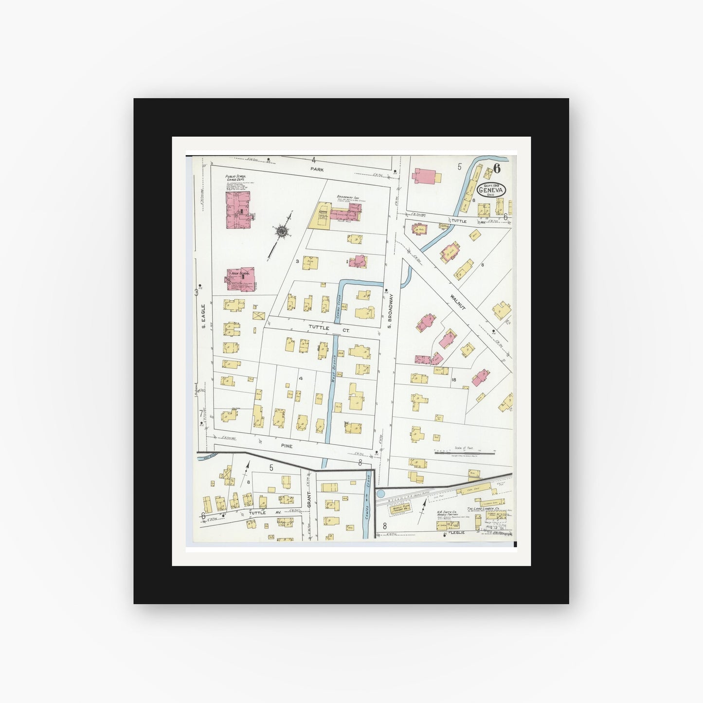Old map wall art mockup — black gallery frame with white mat — Sanborn Fire Insurance Map from Geneva, Ashtabula County, Ohio (1919), Sheet #0006