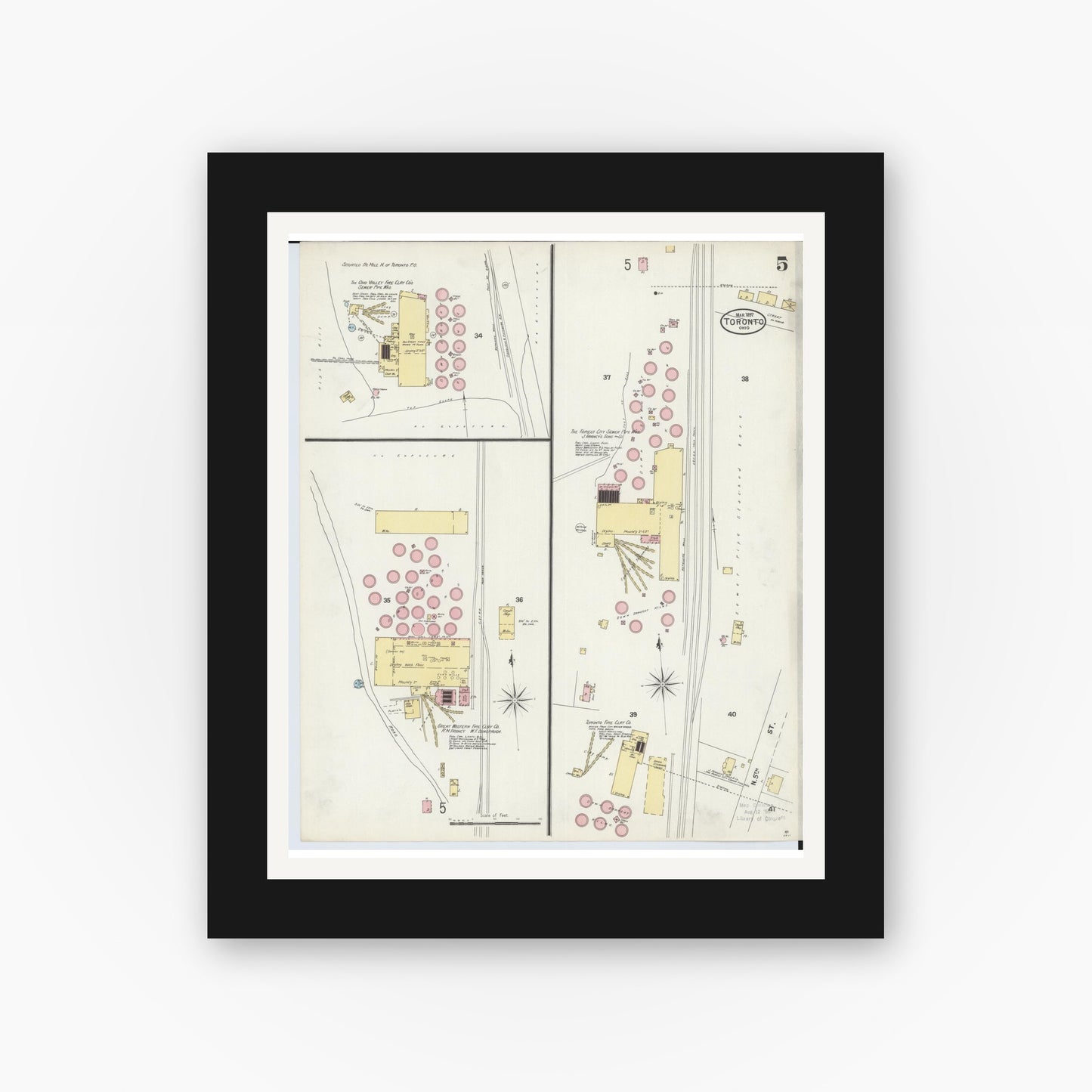 Old map wall art mockup — black gallery frame with white mat — Sanborn Fire Insurance Map from Toronto, Jefferson County, Ohio (1897), Sheet #0005