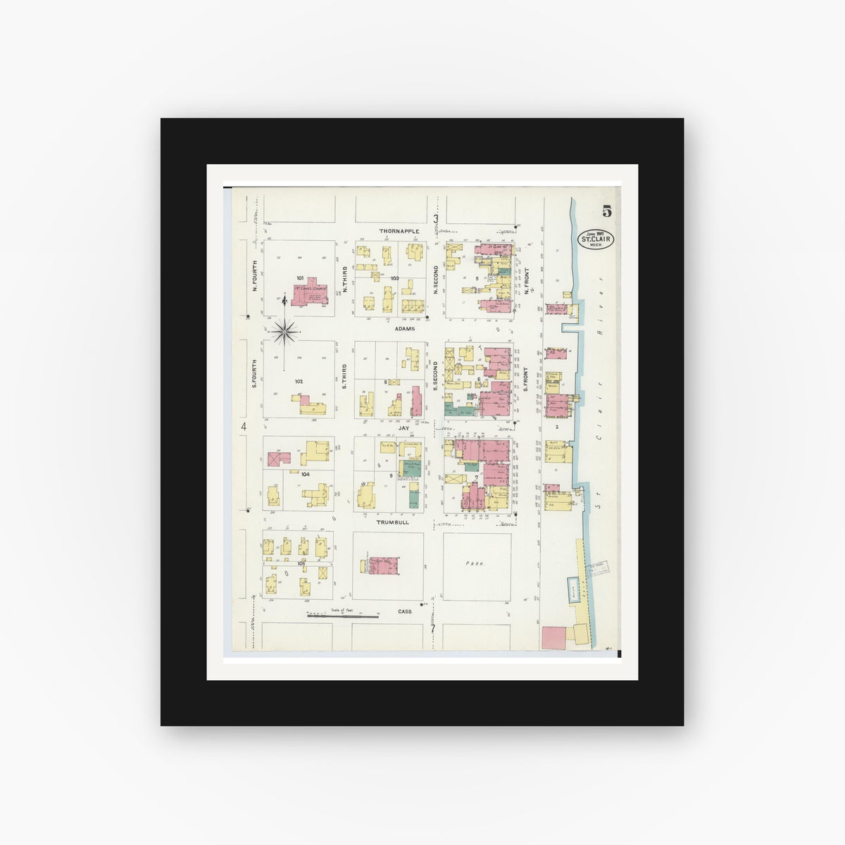Old map wall art mockup — black gallery frame with white mat — Sanborn Fire Insurance Map from Saint Clair, Saint Clair County, Michigan (1907), Sheet #0005