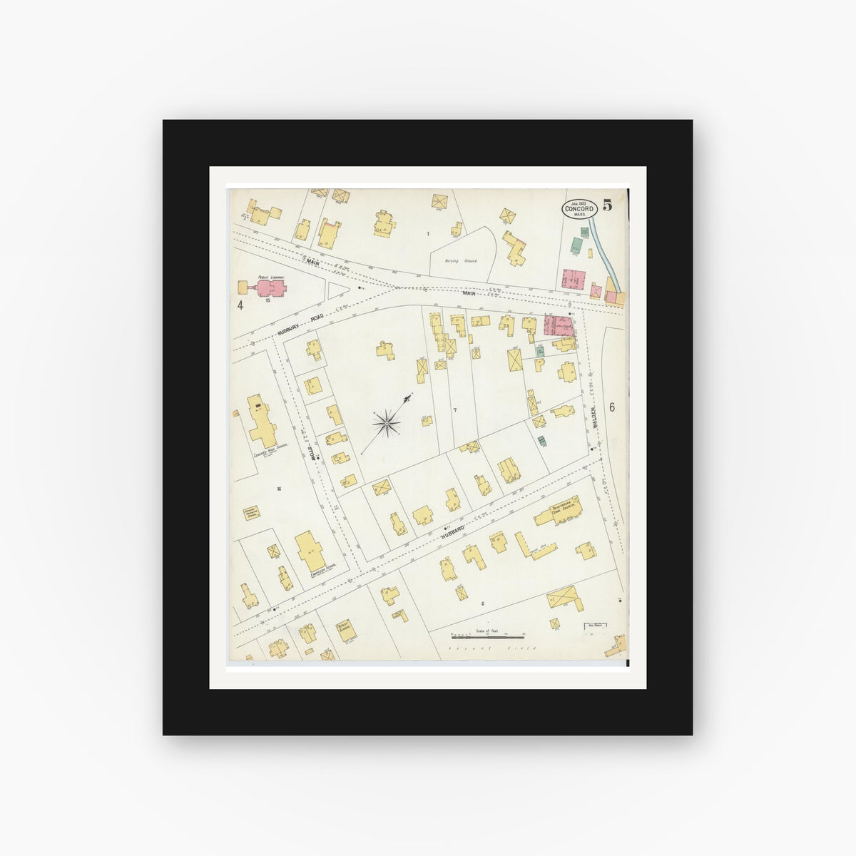 Old map wall art mockup — black gallery frame with white mat — Sanborn Fire Insurance Map from Concord, Middlesex County, Massachusetts (1903), Sheet #0005