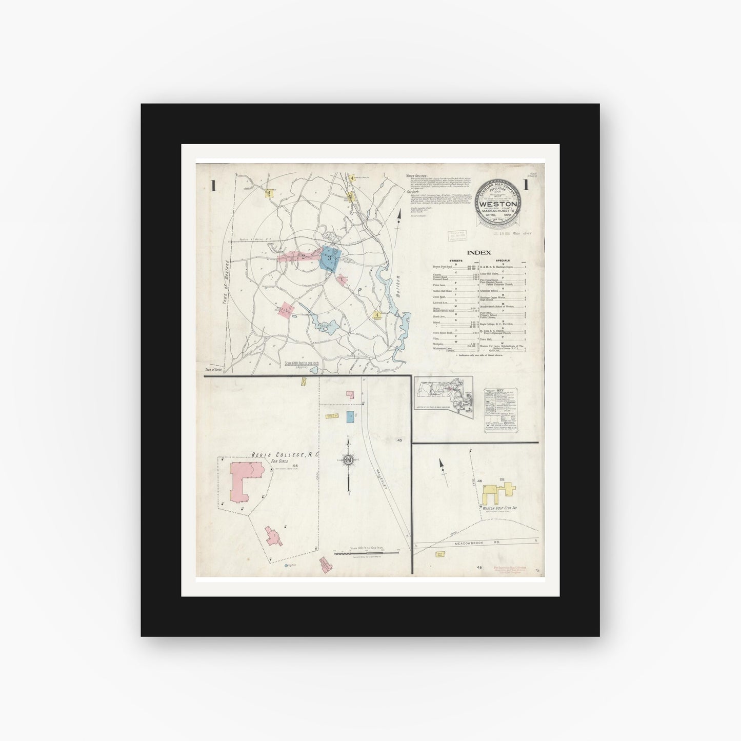 Old map wall art mockup — black gallery frame with white mat — Sanborn Fire Insurance Map from Weston, Middlesex County, Massachusetts (1929) - Complete Map Set