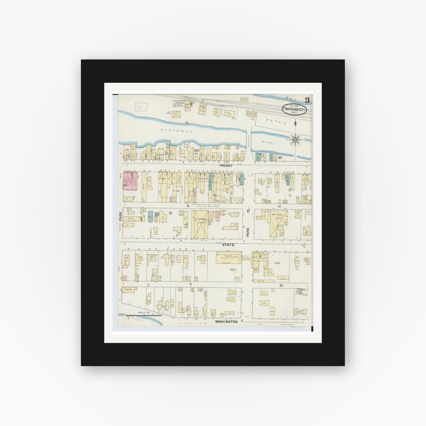 Old map wall art mockup — black gallery frame with white mat — Sanborn Fire Insurance Map from Traverse City, Grand Traverse County, Michigan (1890), Sheet #0003