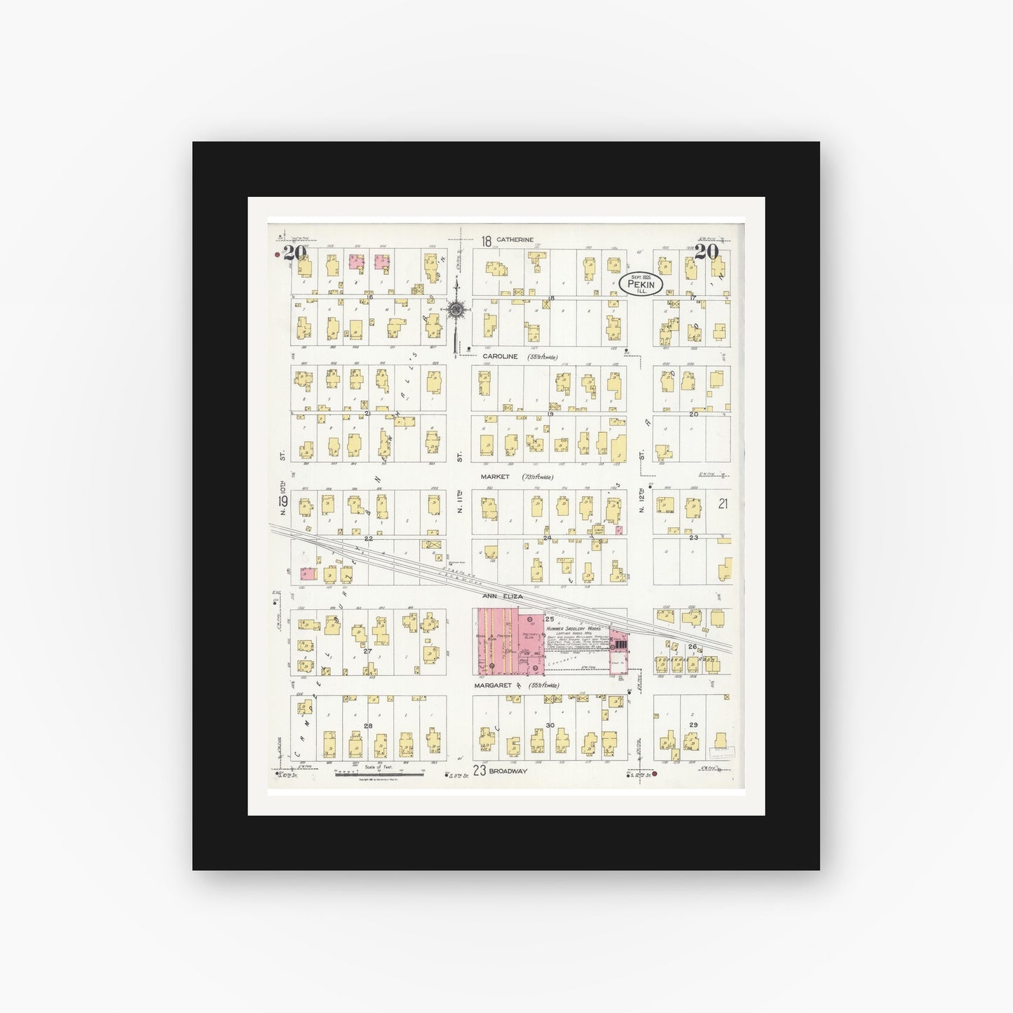Old map wall art mockup — black gallery frame with white mat — Sanborn Fire Insurance Map from Pekin, Tazewell County, Illinois (1925), Sheet #0020