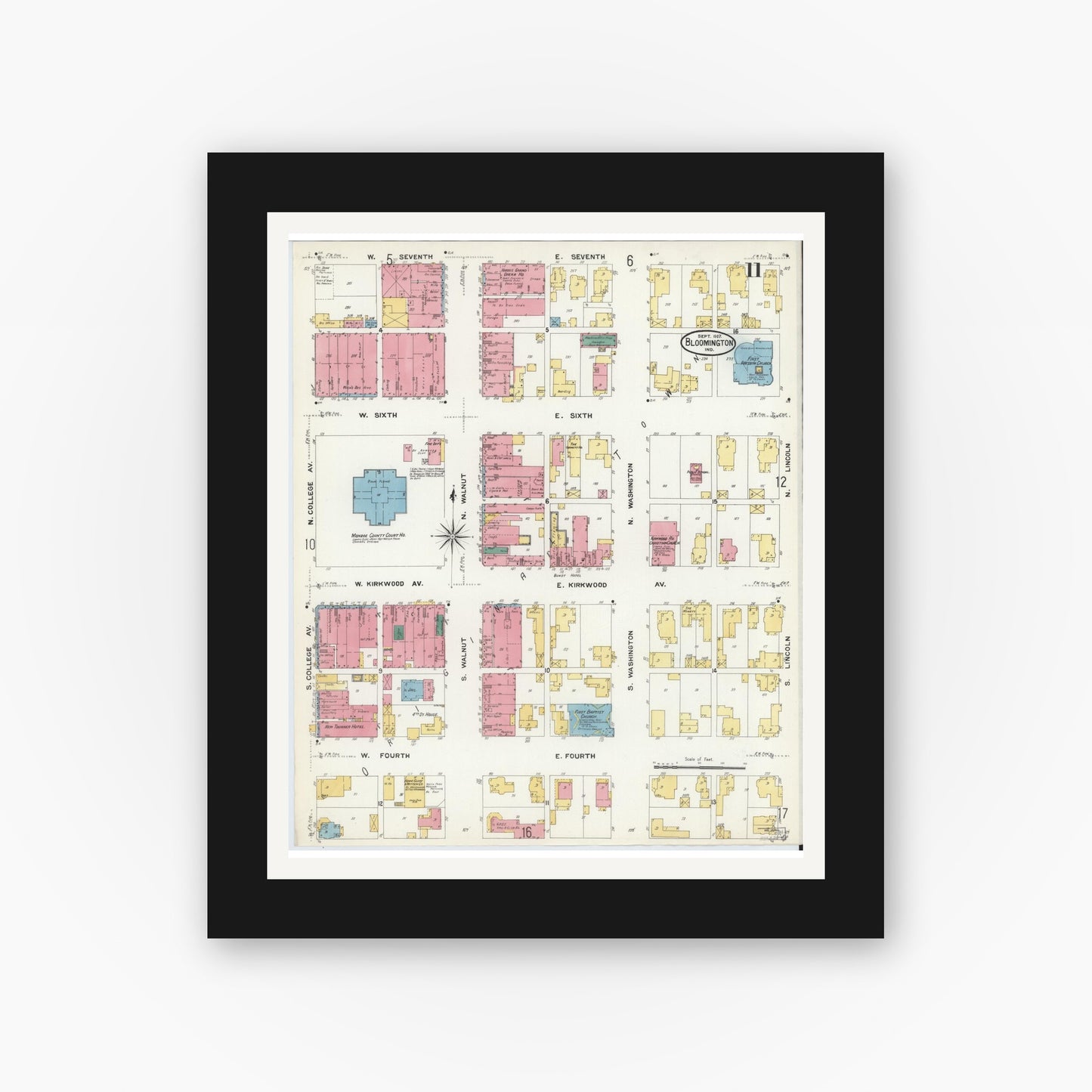 Old map wall art mockup — black gallery frame with white mat — Sanborn Fire Insurance Map from Bloomington, Monroe County, Indiana (1907), Sheet #0011