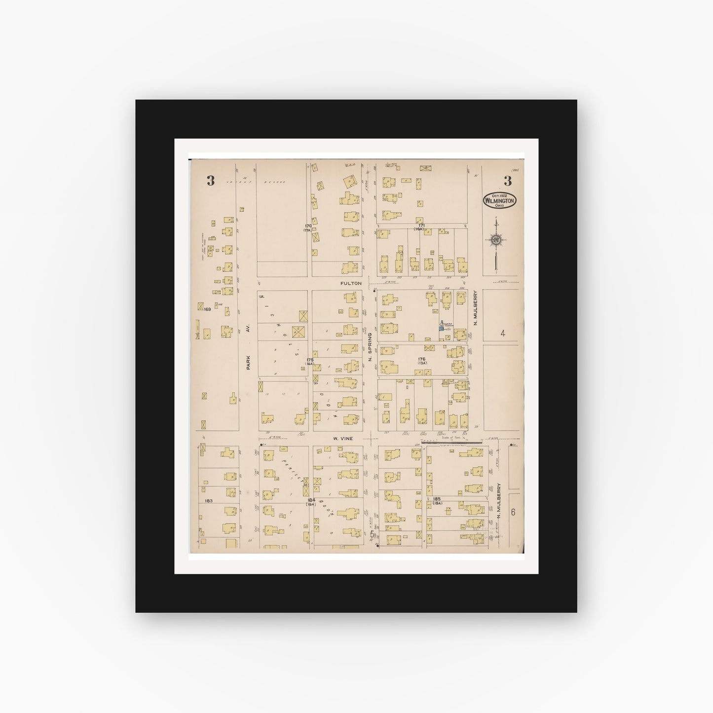 Old map wall art mockup — black gallery frame with white mat — Sanborn Fire Insurance Map from Wilmington, Clinton County, Ohio (1922), Sheet #0003