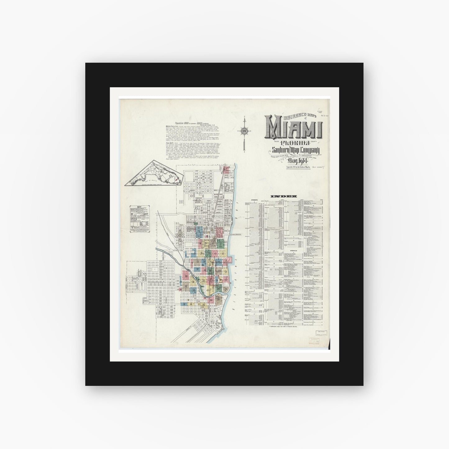 Old map wall art mockup — black gallery frame with white mat — Sanborn Fire Insurance Map from Miami, Dade County, Florida (1914) - Complete Map Set
