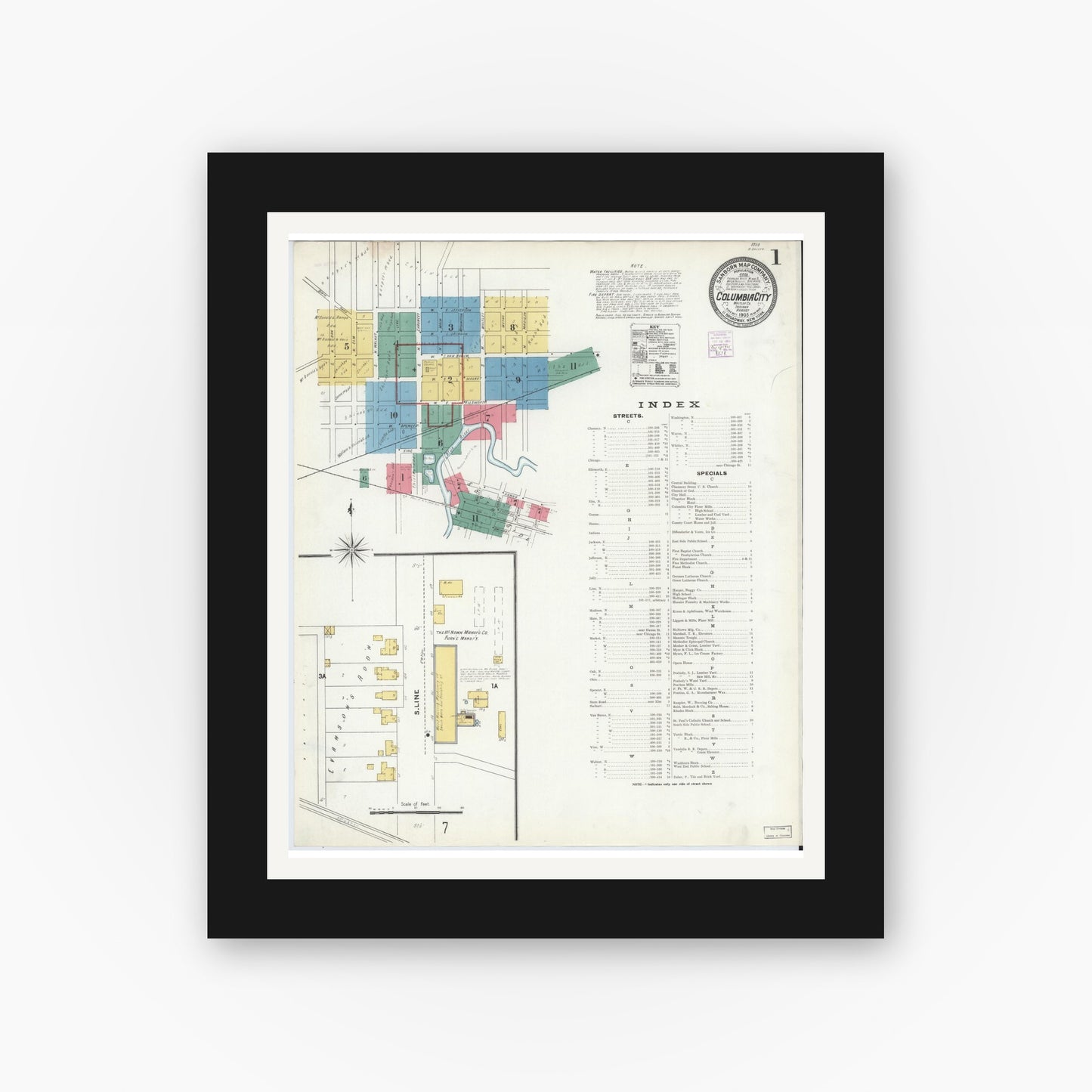 Old map wall art mockup — black gallery frame with white mat — Sanborn Fire Insurance Map from Columbia City, Whitley County, Indiana (1905) - Complete Map Set