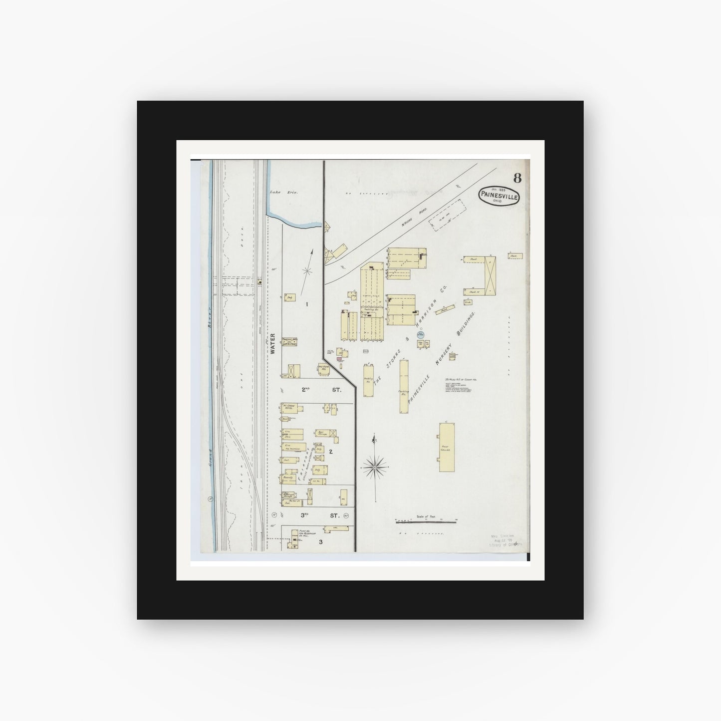 Old map wall art mockup — black gallery frame with white mat — Sanborn Fire Insurance Map from Painesville, Lake County, Ohio (1889), Sheet #0008