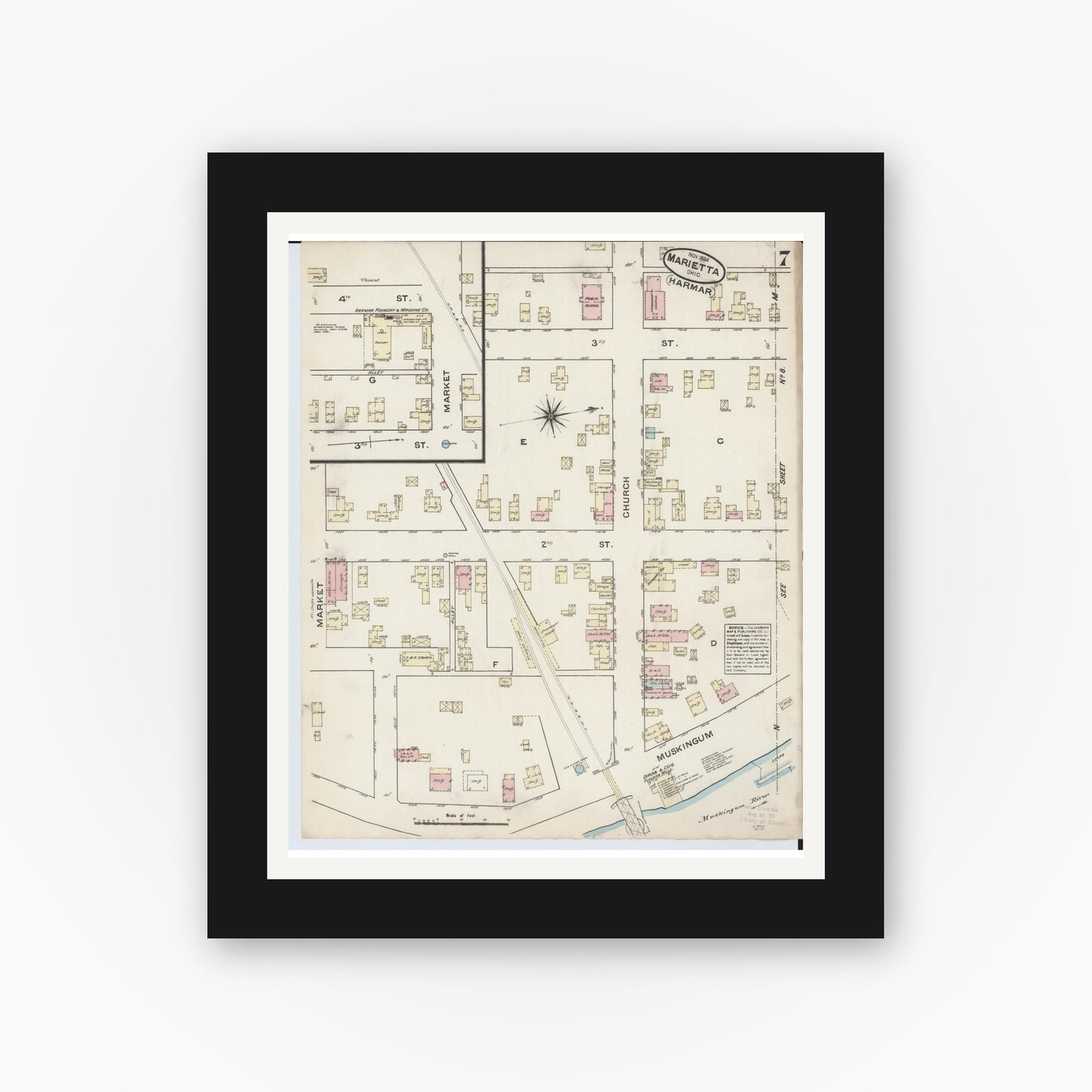 Old map wall art mockup — black gallery frame with white mat — Sanborn Fire Insurance Map from Marietta, Washington County, Ohio (1884), Sheet #0007