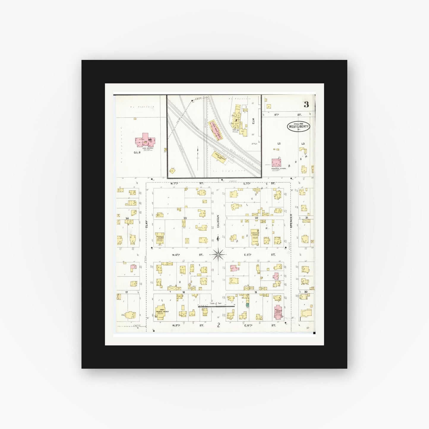 Old map wall art mockup — black gallery frame with white mat — Sanborn Fire Insurance Map from West Liberty, Muscatine County, Iowa (1906), Sheet #0003