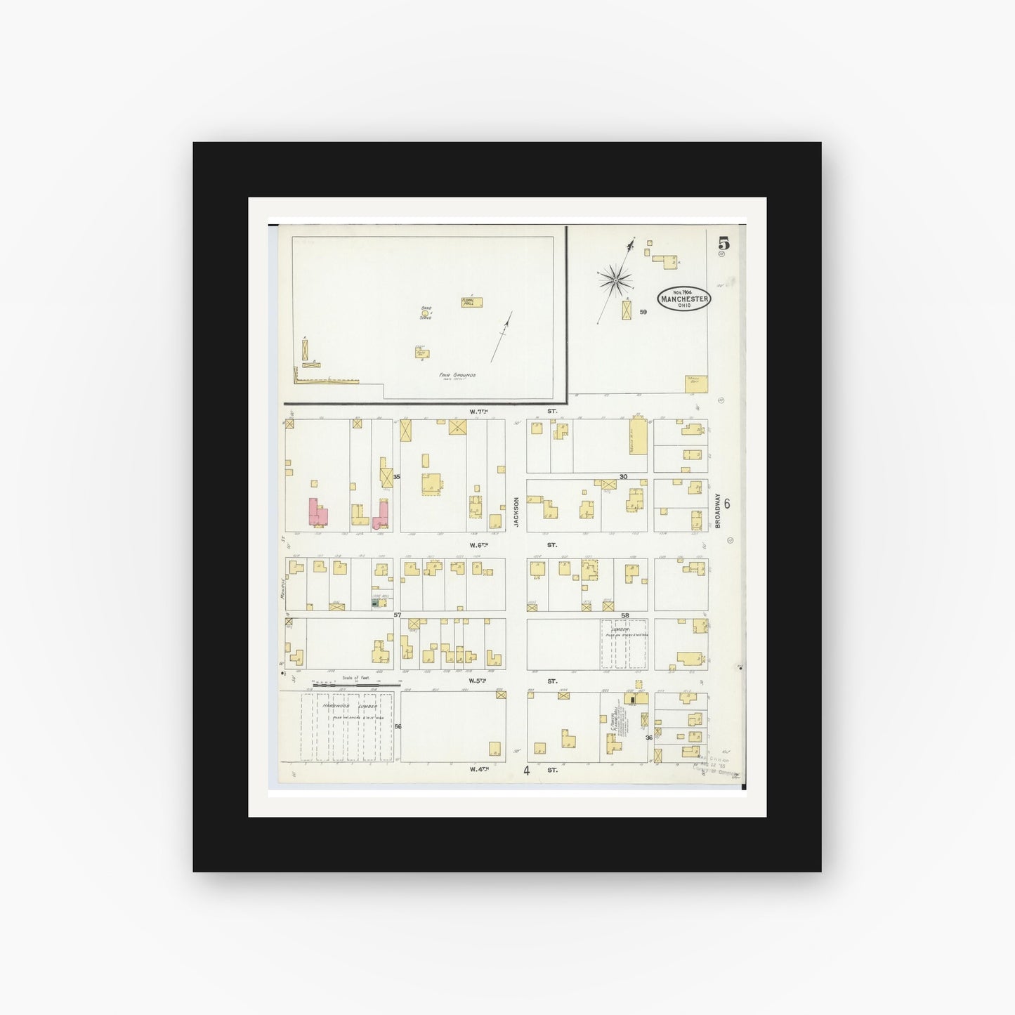 Old map wall art mockup — black gallery frame with white mat — Sanborn Fire Insurance Map from Manchester, Adams County, Ohio (1904), Sheet #0005