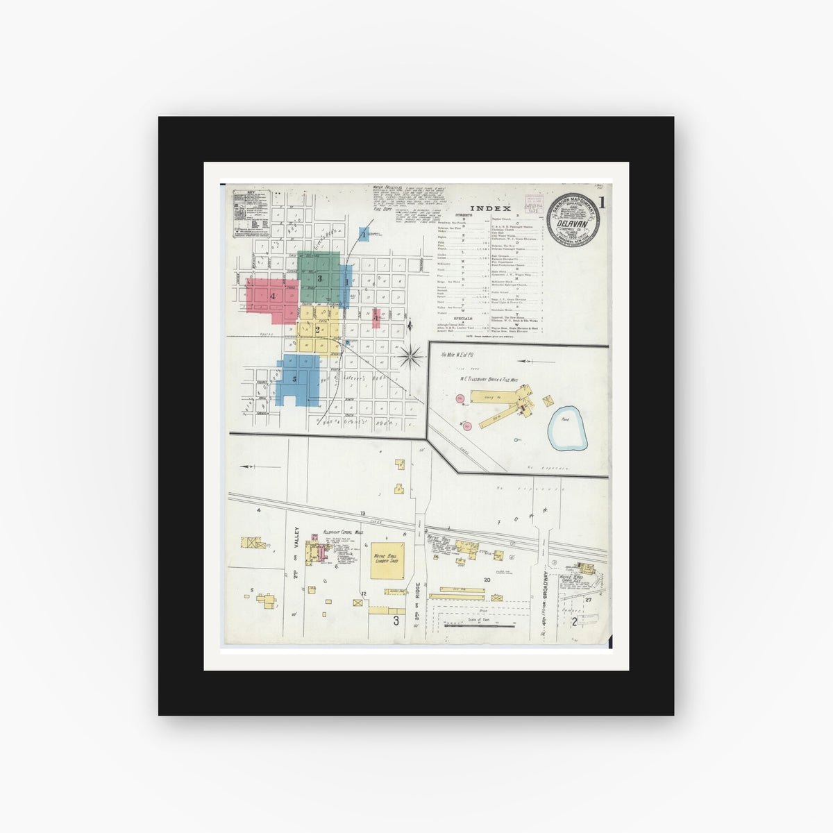 Old map wall art mockup — black gallery frame with white mat — Sanborn Fire Insurance Map from Delavan, Tazewell County, Illinois (1906) - Complete Map Set