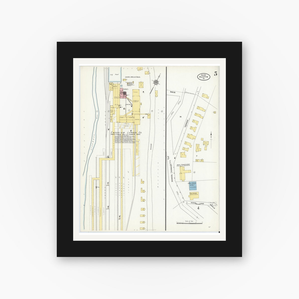 Old map wall art mockup — black gallery frame with white mat — Sanborn Fire Insurance Map from Austin, Potter County, Pennsylvania (1911), Sheet #0005