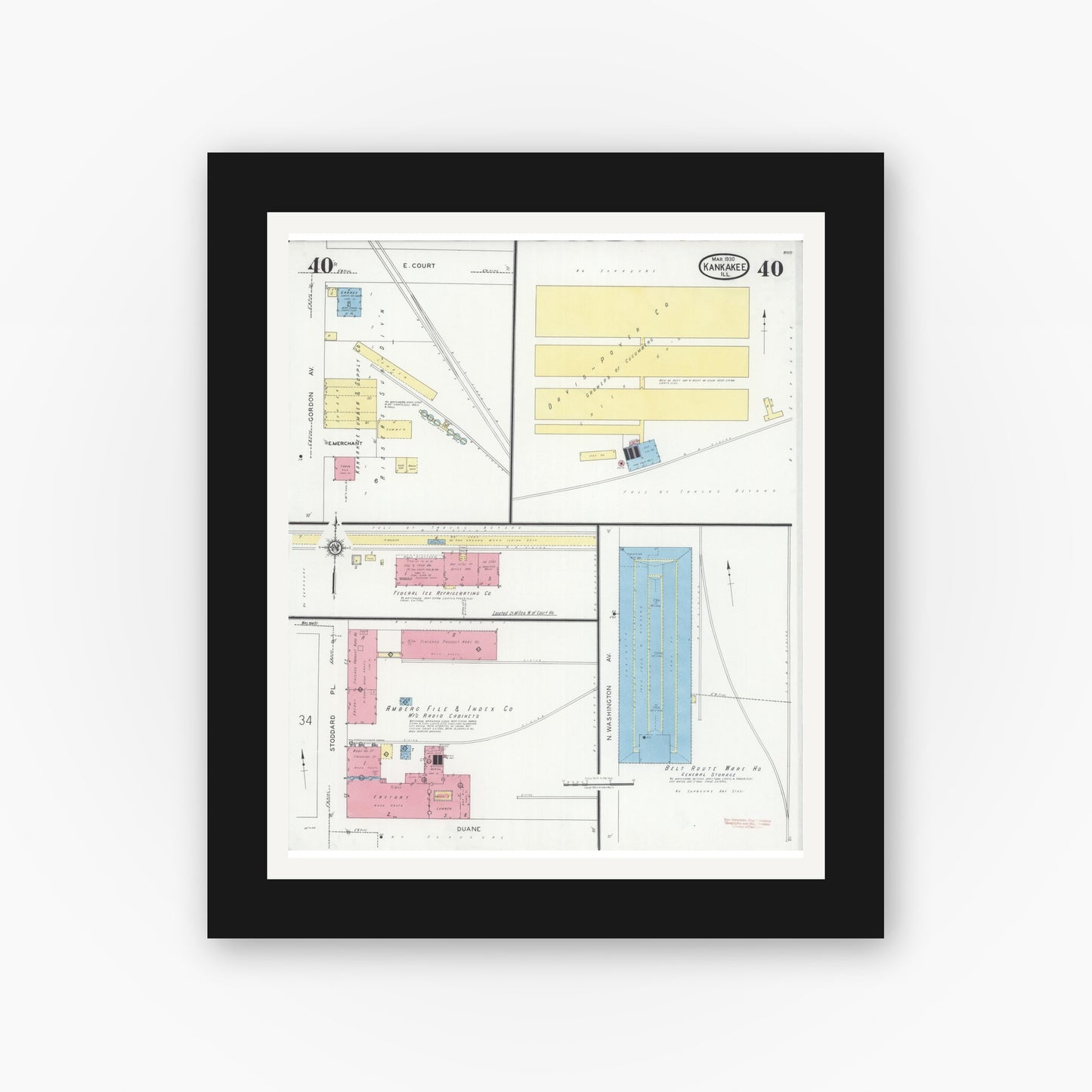 Old map wall art mockup — black gallery frame with white mat — Sanborn Fire Insurance Map from Kankakee, Kankakee County, Illinois (1930), Sheet #0040