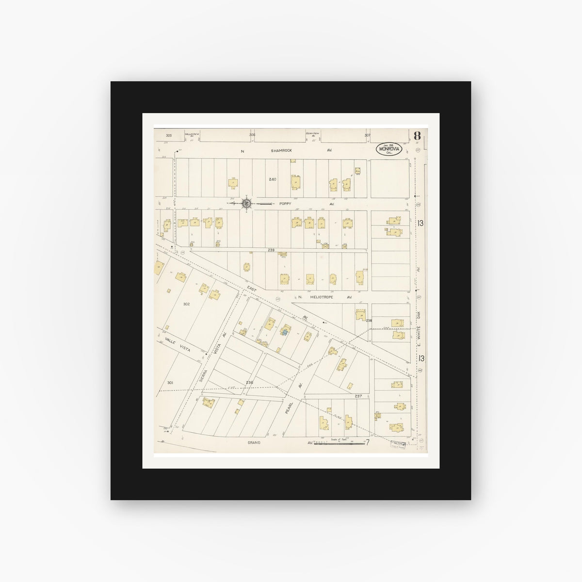 Old map wall art mockup — black gallery frame with white mat — Sanborn Fire Insurance Map from Monrovia, Los Angeles County, California (1913), Sheet #0008