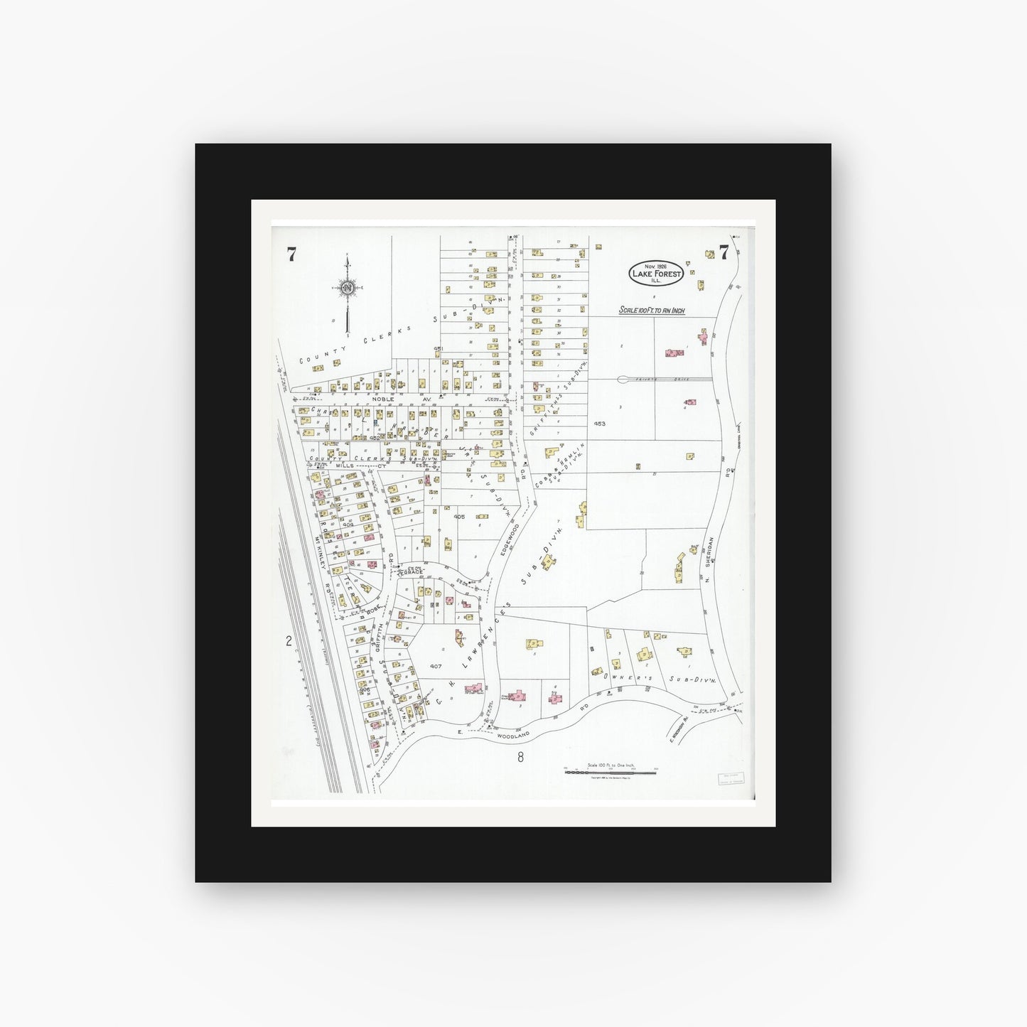 Old map wall art mockup — black gallery frame with white mat — Sanborn Fire Insurance Map from Lake Forest, Lake County, Illinois (1926), Sheet #0007