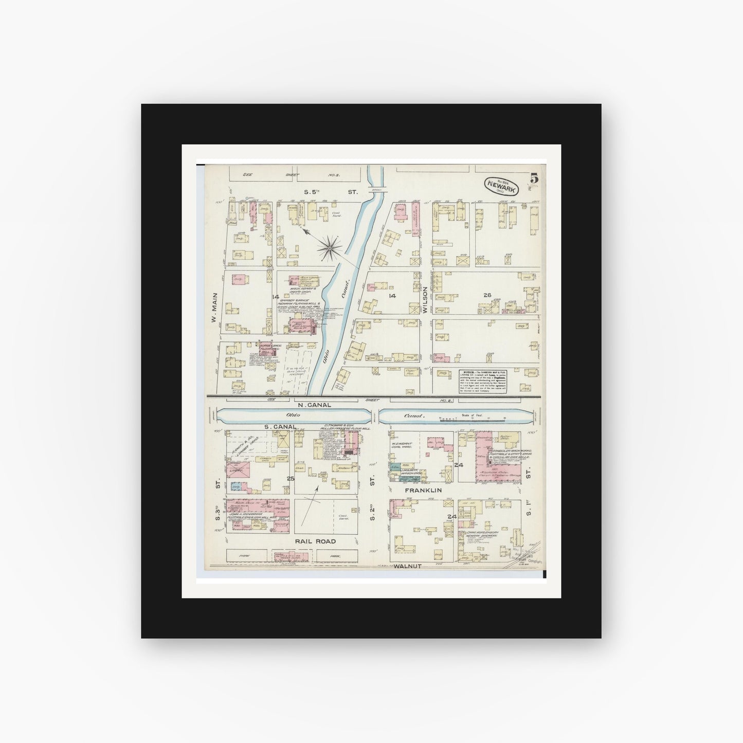 Old map wall art mockup — black gallery frame with white mat — Sanborn Fire Insurance Map from Newark, Licking County, Ohio (1884), Sheet #0005