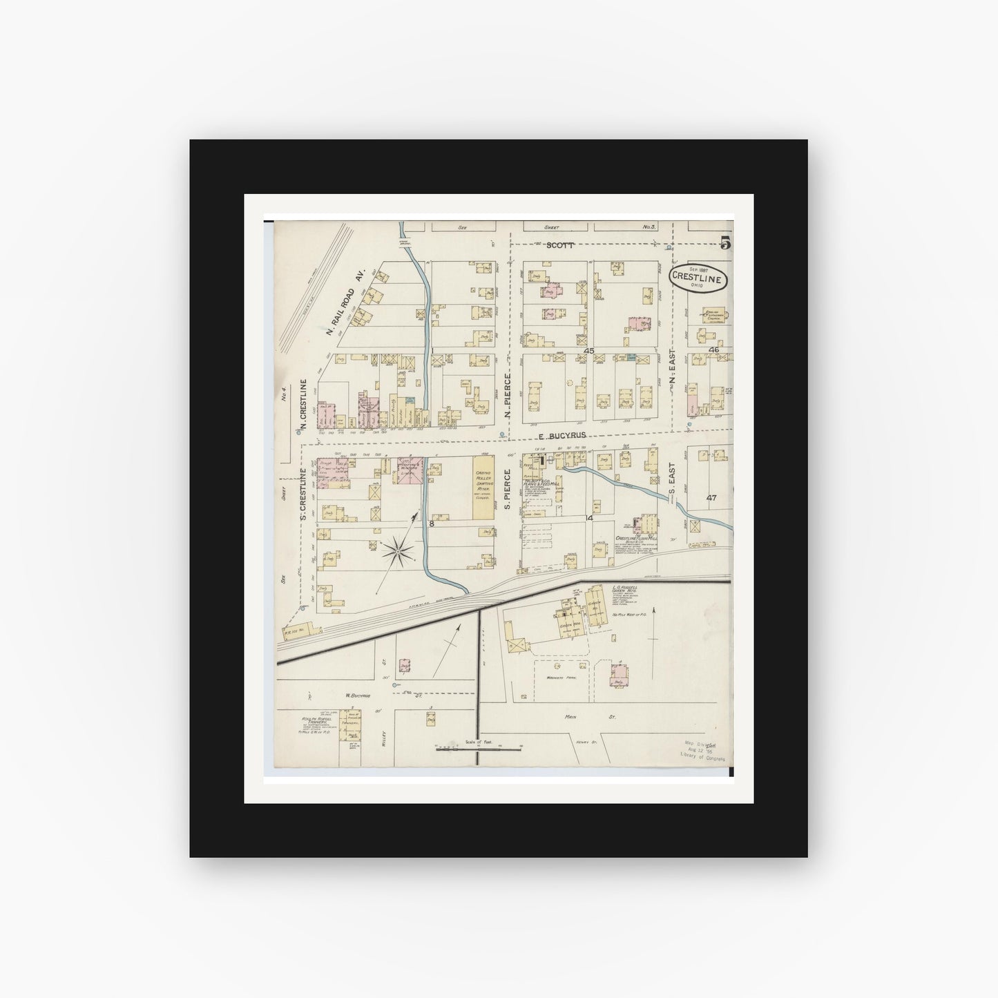 Old map wall art mockup — black gallery frame with white mat — Sanborn Fire Insurance Map from Crestline, Crawford County, Ohio (1887), Sheet #0005