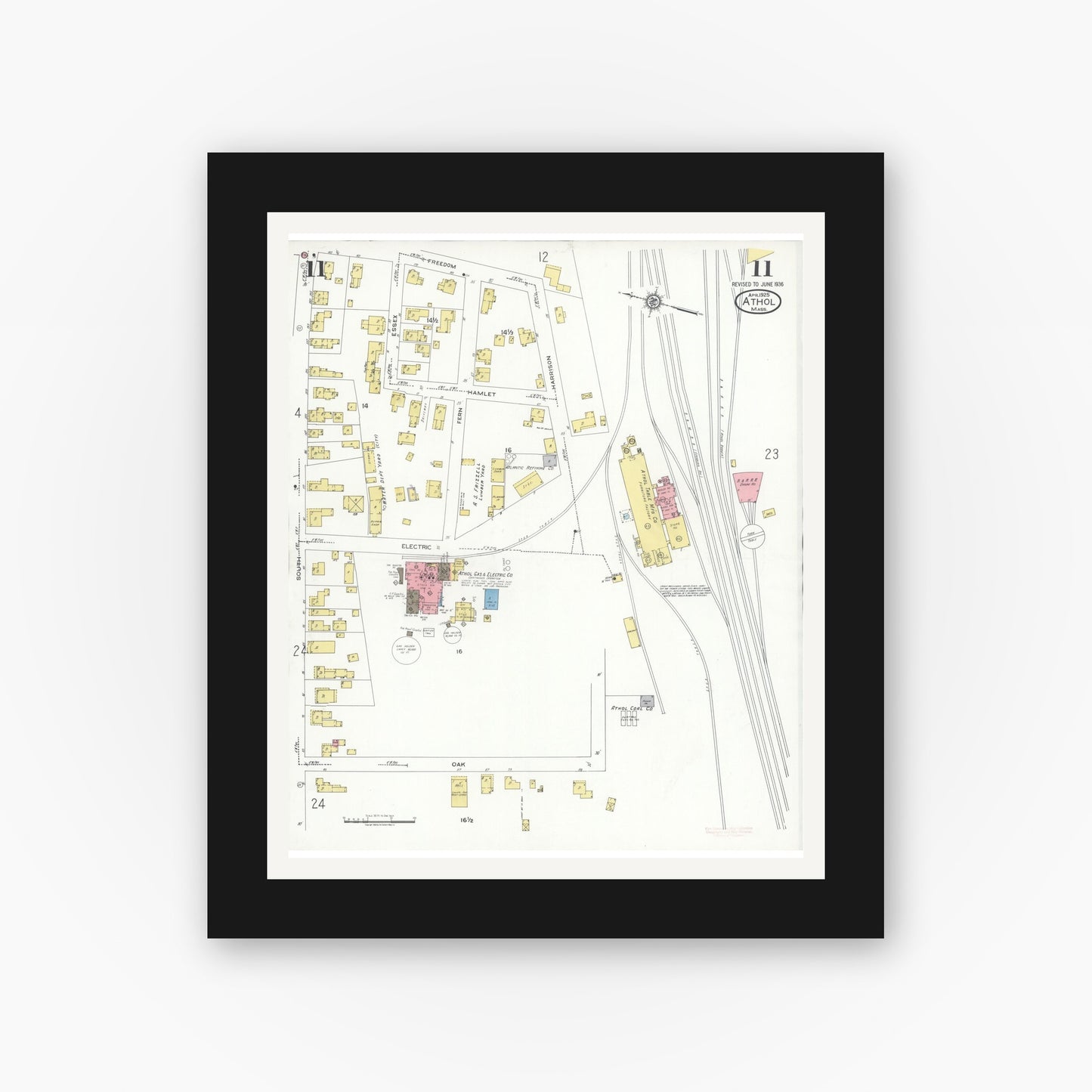 Old map wall art mockup — black gallery frame with white mat — Sanborn Fire Insurance Map from Athol, Worcester County, Massachusetts (1936), Sheet #0011