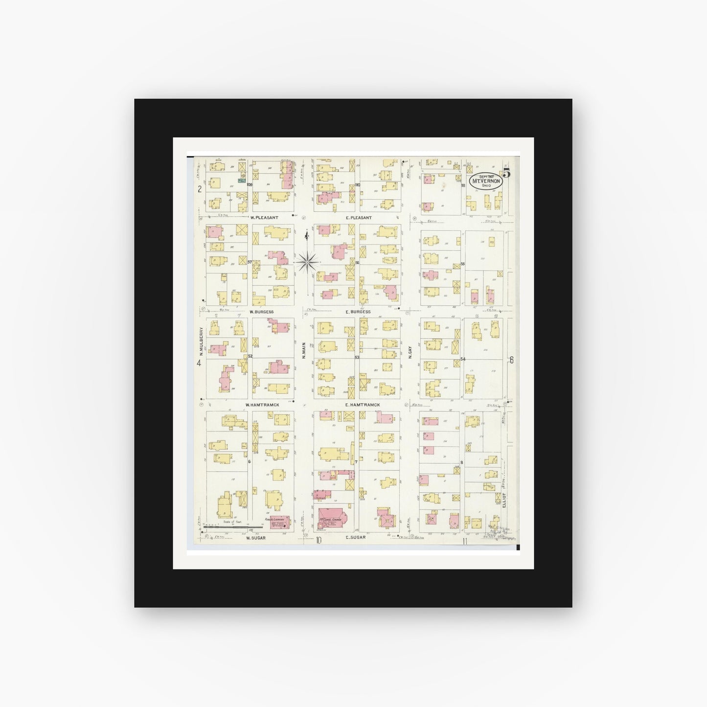 Old map wall art mockup — black gallery frame with white mat — Sanborn Fire Insurance Map from Mount Vernon, Knox County, Ohio (1907), Sheet #0005