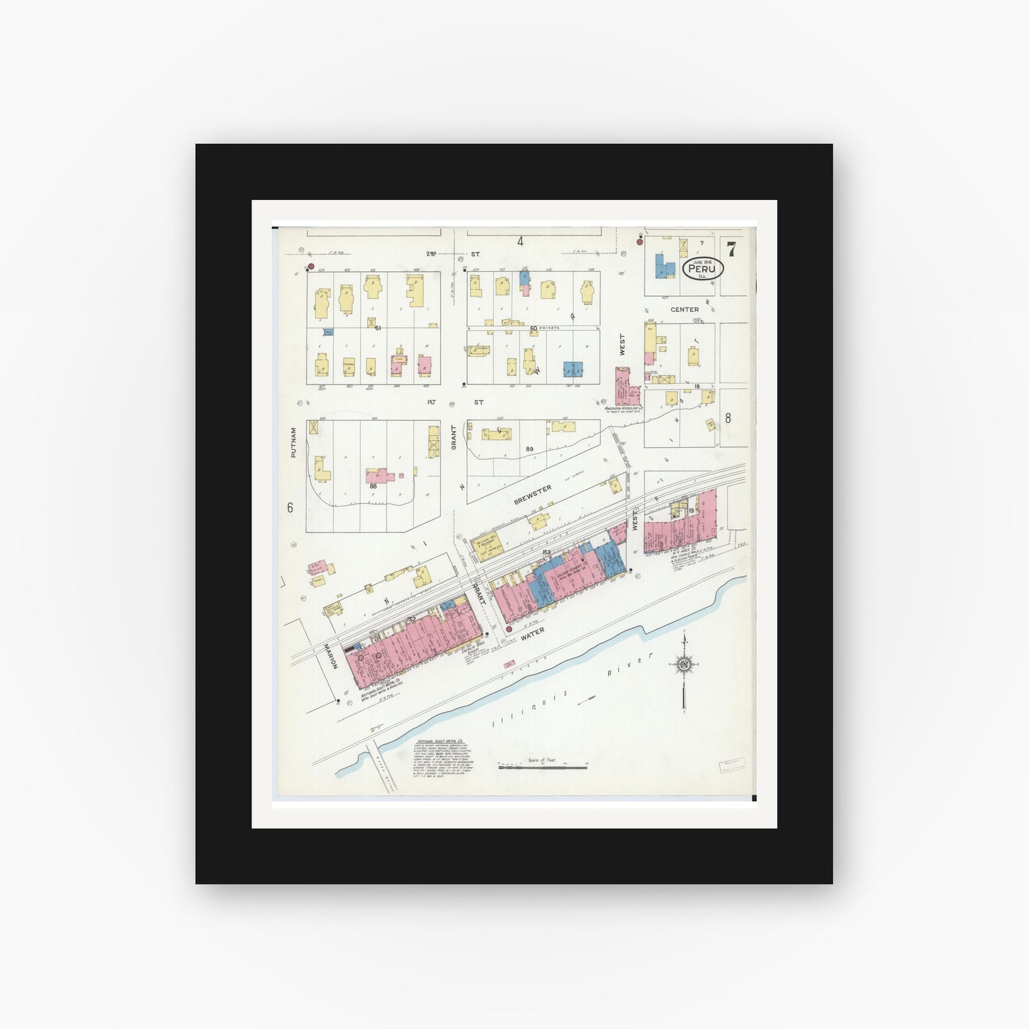 Old map wall art mockup — black gallery frame with white mat — Sanborn Fire Insurance Map from Peru, La Salle County, Illinois (1916), Sheet #0007