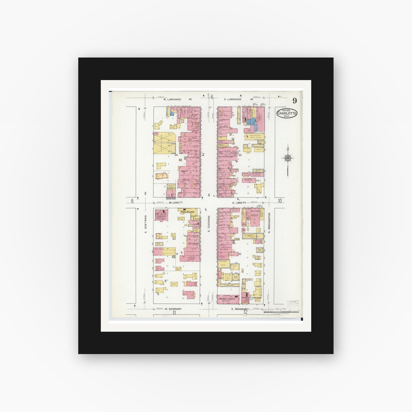 Old map wall art mockup — black gallery frame with white mat — Sanborn Fire Insurance Map from Charlotte, Eaton County, Michigan (1918), Sheet #0009