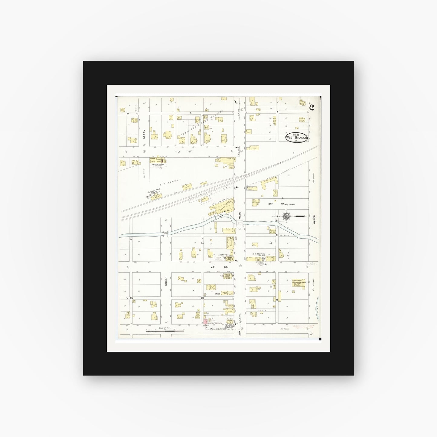 Old map wall art mockup — black gallery frame with white mat — Sanborn Fire Insurance Map from West Branch, Cedar County, Iowa (1912), Sheet #0002
