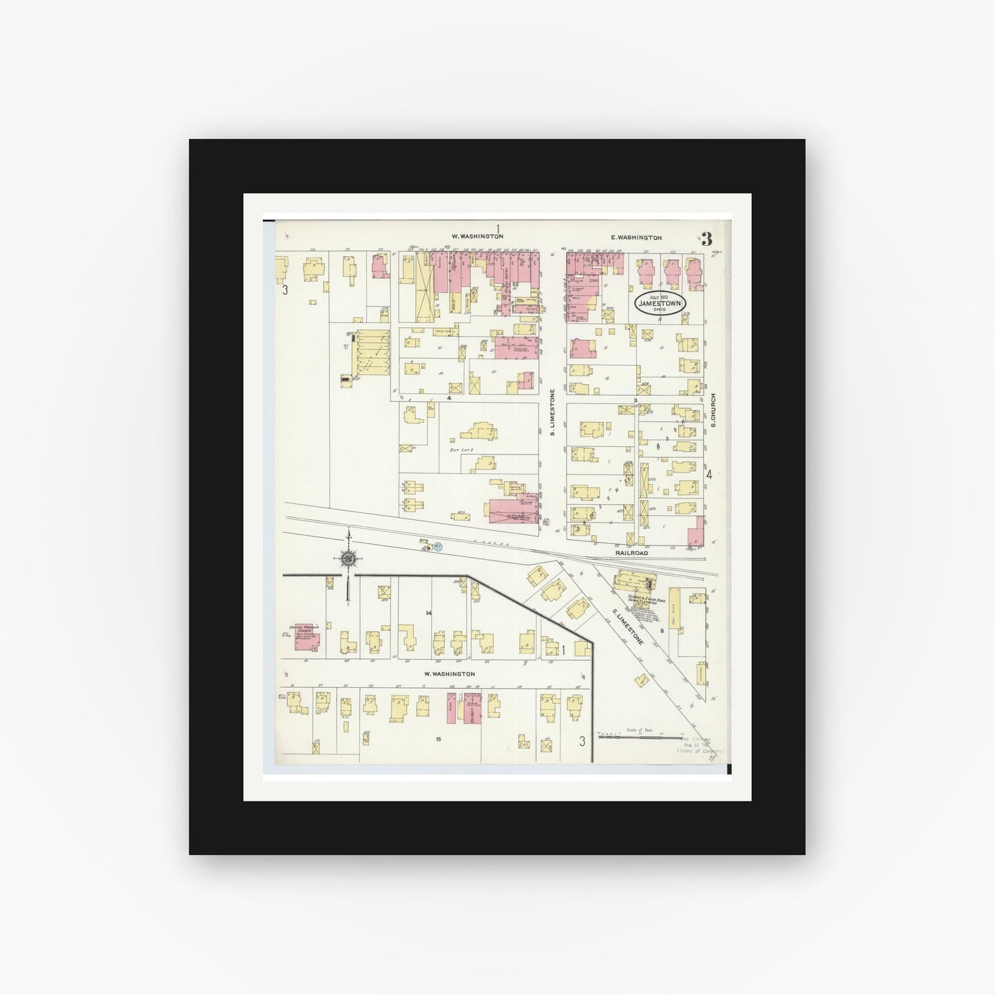 Old map wall art mockup — black gallery frame with white mat — Sanborn Fire Insurance Map from Jamestown, Greene County, Ohio (1910), Sheet #0003