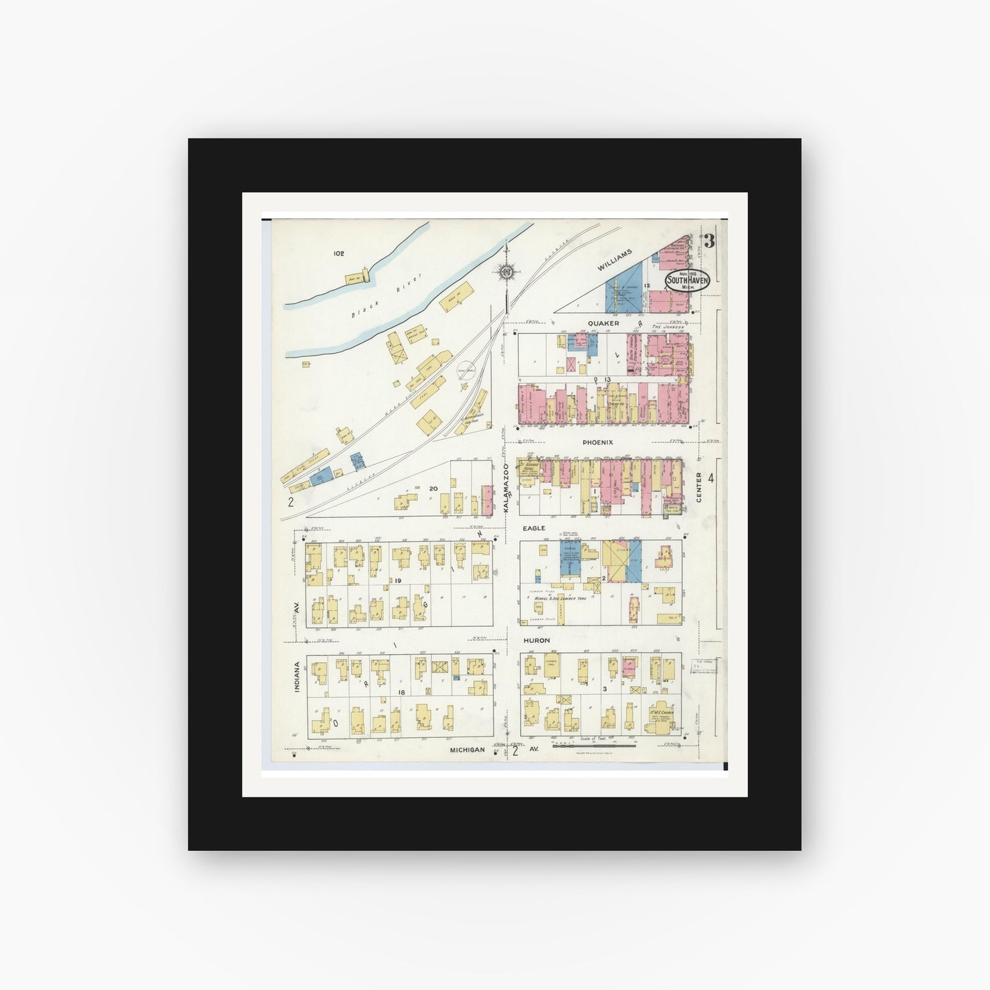 Old map wall art mockup — black gallery frame with white mat — Sanborn Fire Insurance Map from South Haven, Van Buren County, Michigan (1916), Sheet #0003