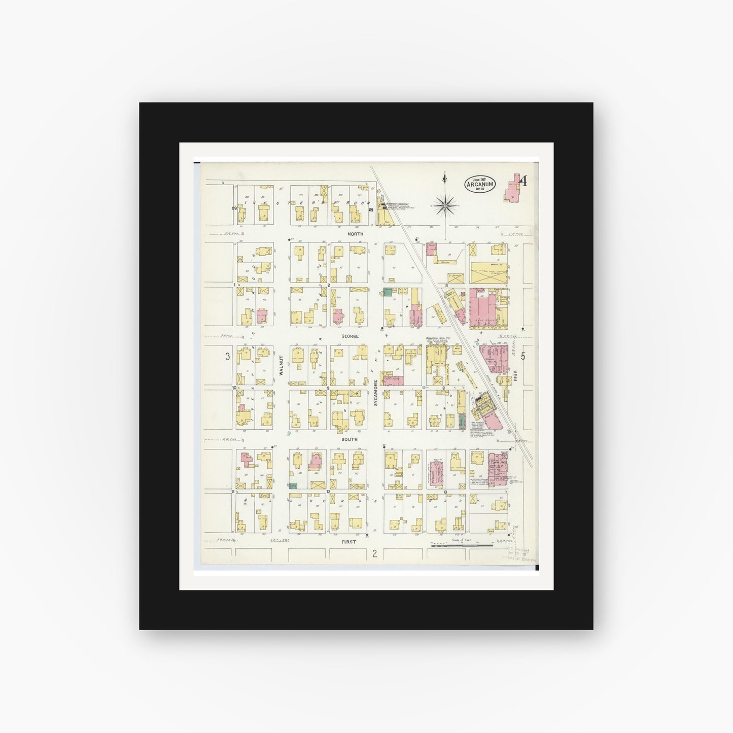 Old map wall art mockup — black gallery frame with white mat — Sanborn Fire Insurance Map from Arcanum, Darke County, Ohio (1907), Sheet #0004
