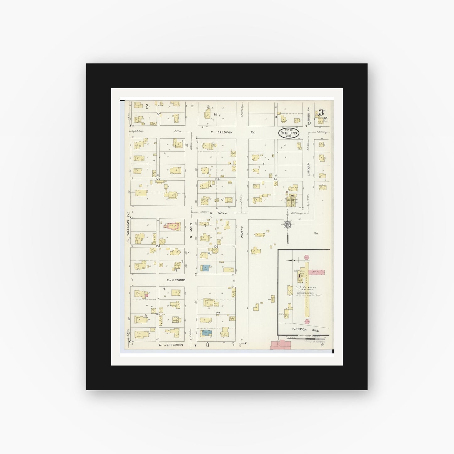 Old map wall art mockup — black gallery frame with white mat — Sanborn Fire Insurance Map from Paulding, Paulding County, Ohio (1913), Sheet #0003