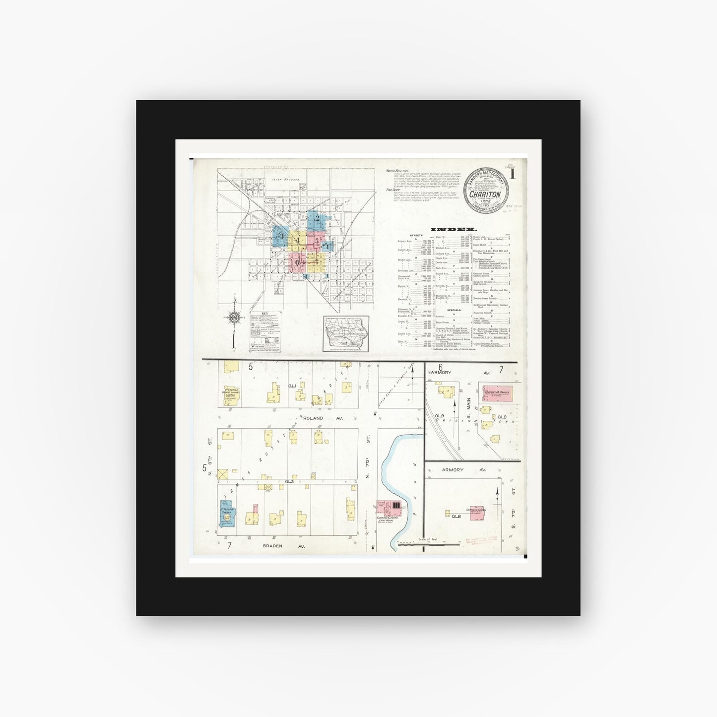 Old map wall art mockup — black gallery frame with white mat — Sanborn Fire Insurance Map from Chariton, Lucas County, Iowa (1913) — Complete Set