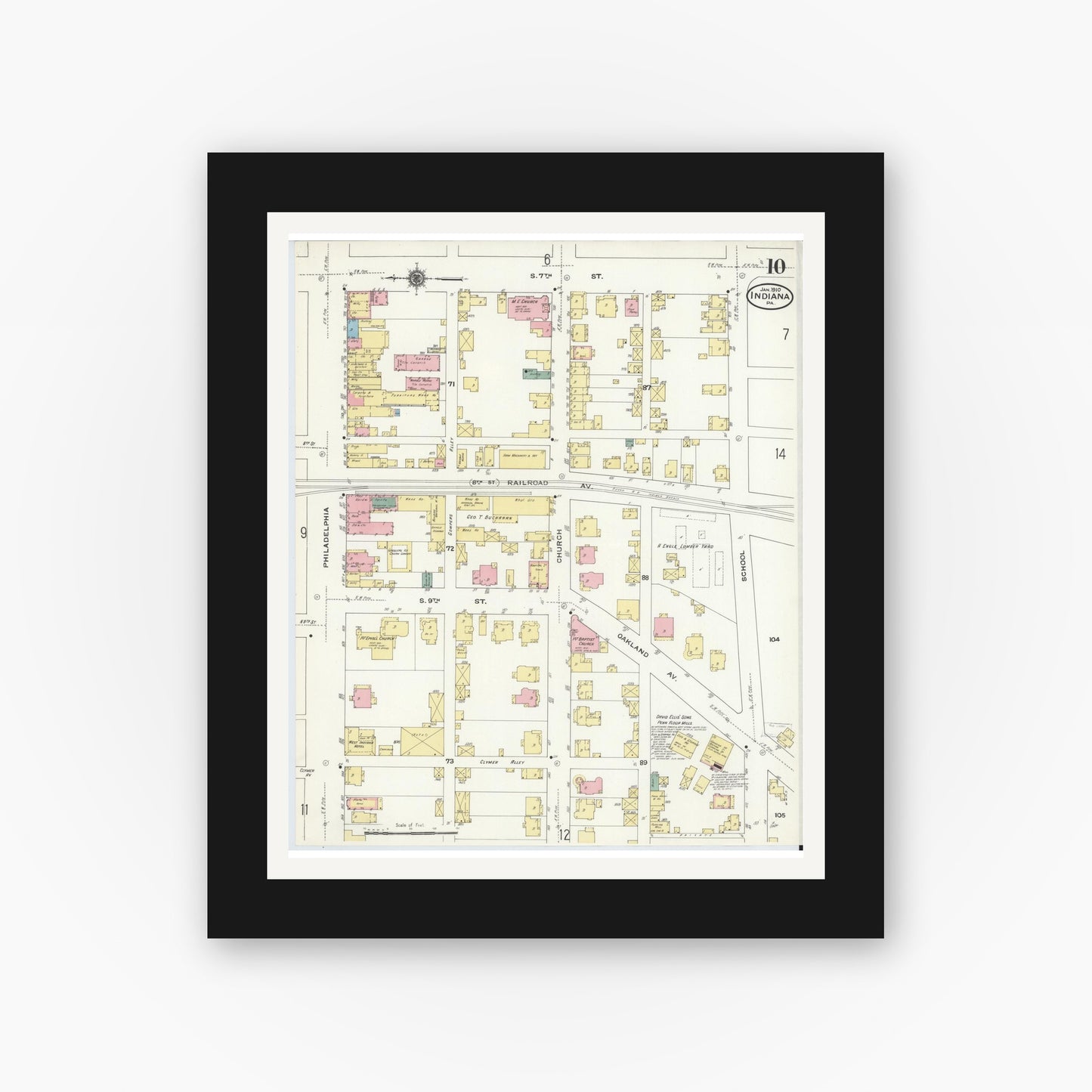 Old map wall art mockup — black gallery frame with white mat — Sanborn Fire Insurance Map from Indiana, Indiana County, Pennsylvania (1910), Sheet #0010