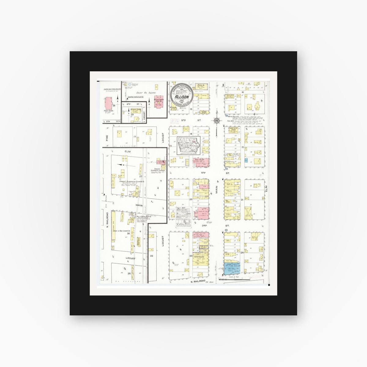 Old map wall art mockup — black gallery frame with white mat — Sanborn Fire Insurance Map from Allison, Butler County, Iowa (1915), Sheet #0001