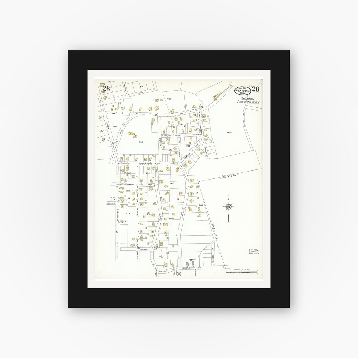 Old map wall art mockup — black gallery frame with white mat — Sanborn Fire Insurance Map from Wakefield, Middlesex County, Massachusetts (1923), Sheet #0028