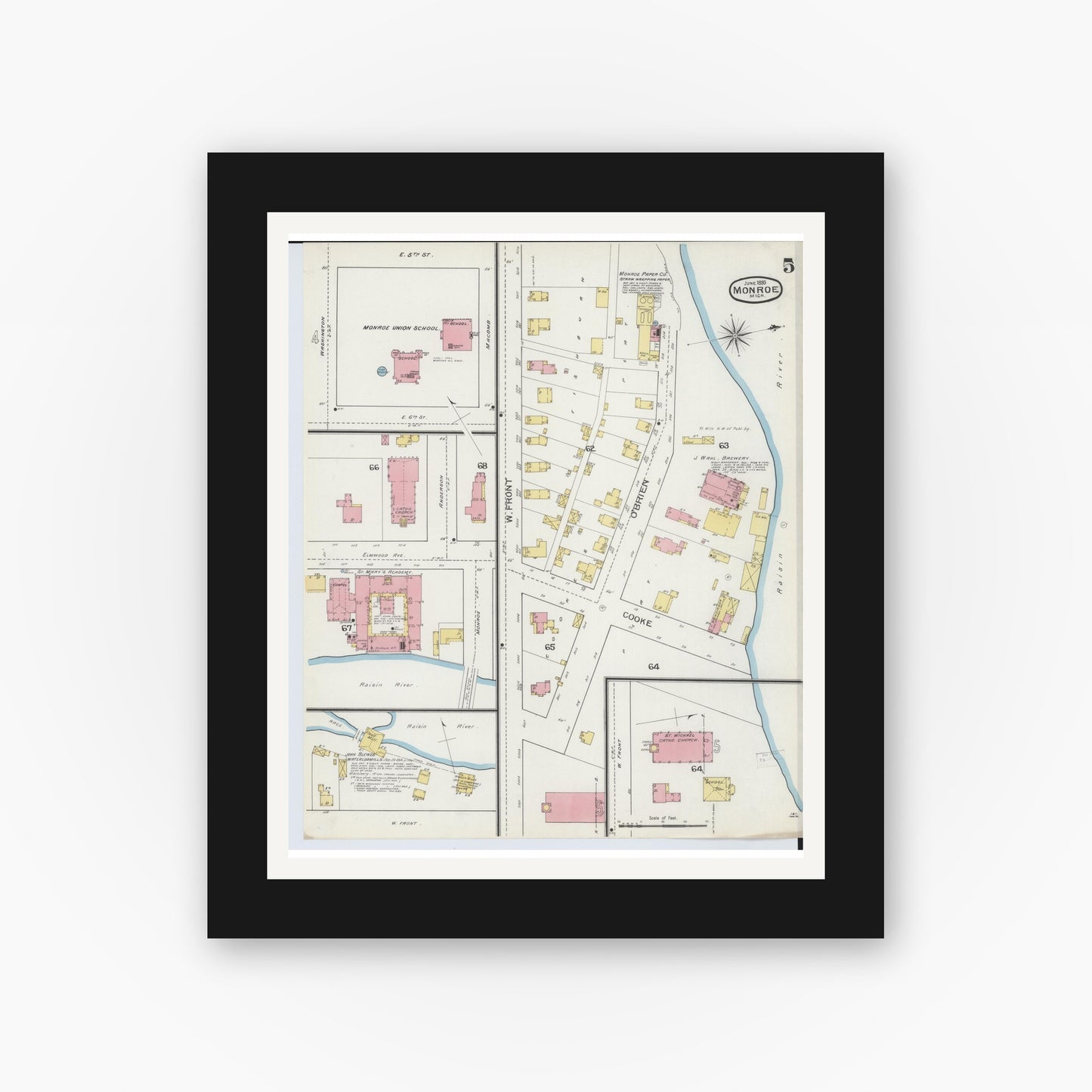 Old map wall art mockup — black gallery frame with white mat — Sanborn Fire Insurance Map from Monroe, Monroe County, Michigan (1893), Sheet #0005