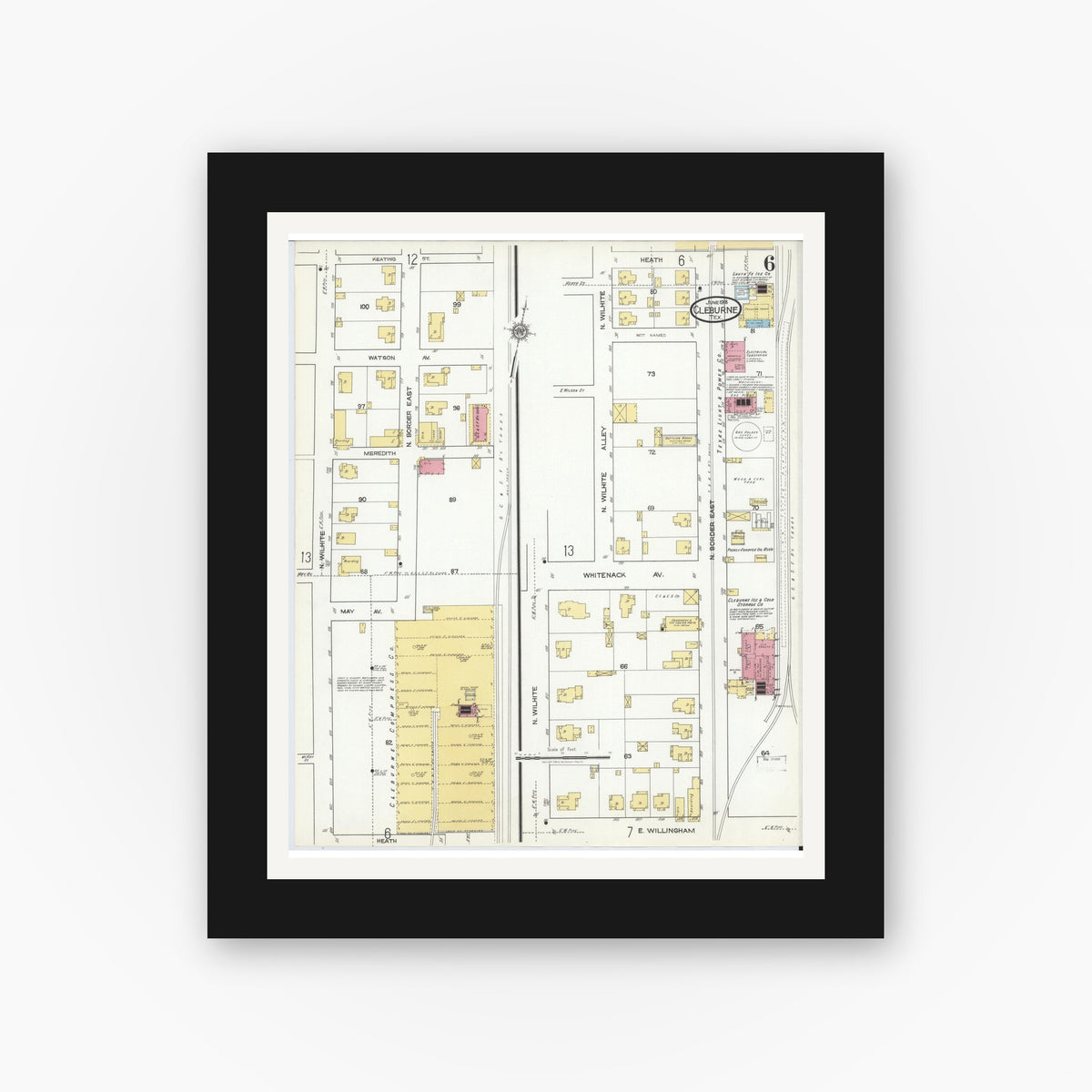 Old map wall art mockup — black gallery frame with white mat — Sanborn Fire Insurance Map from Cleburne, Johnson County, Texas (1918), Sheet #0006