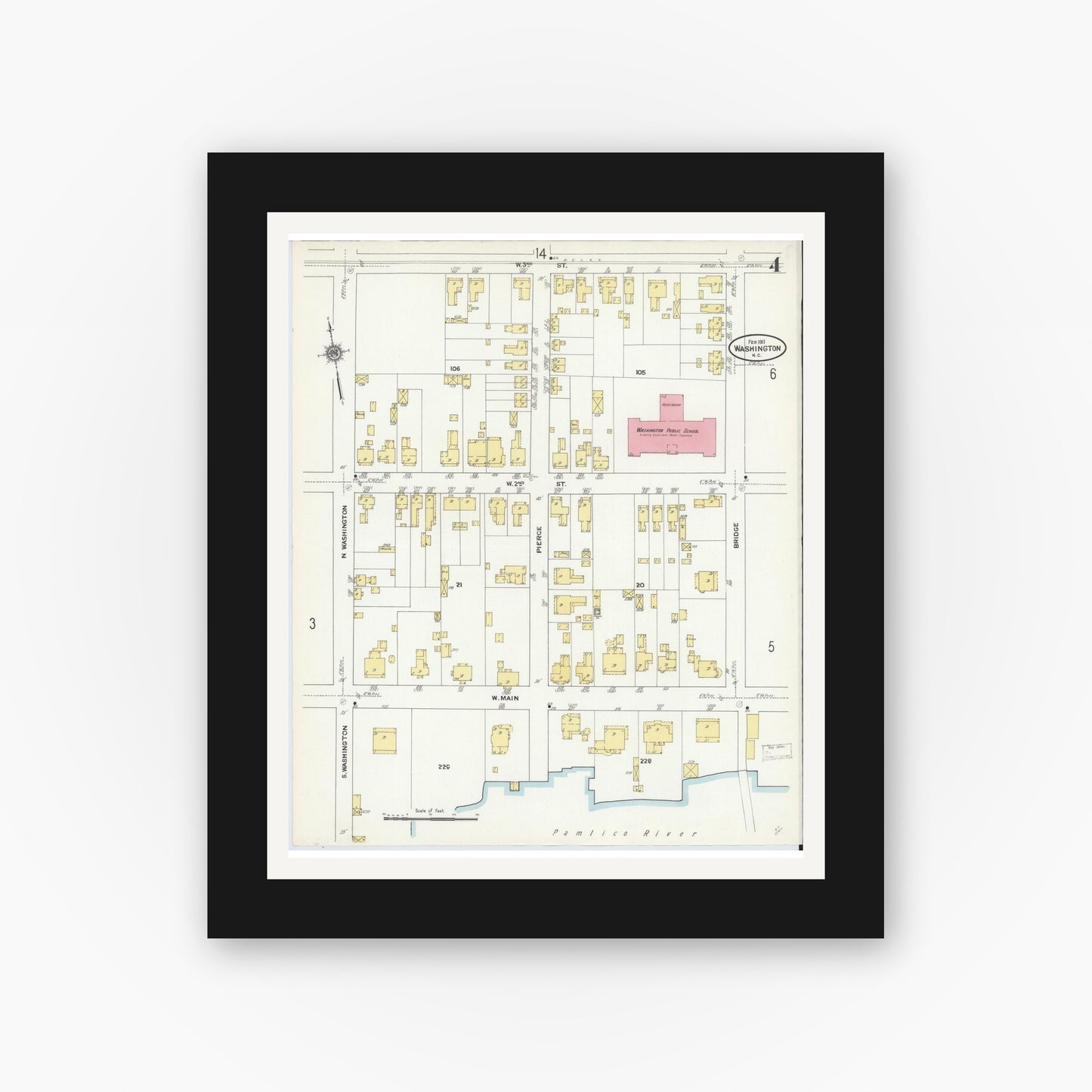 Old map wall art mockup — black gallery frame with white mat — Sanborn Fire Insurance Map from Washington, Beaufort County, North Carolina (1911), Sheet #0004