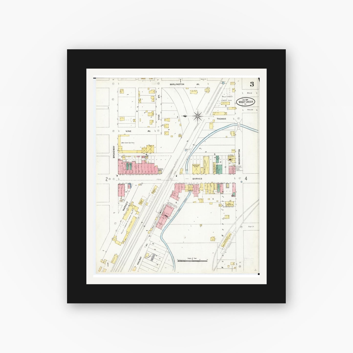 Old map wall art mockup — black gallery frame with white mat — Sanborn Fire Insurance Map from What Cheer, Keokuk County, Iowa (1906), Sheet #0003